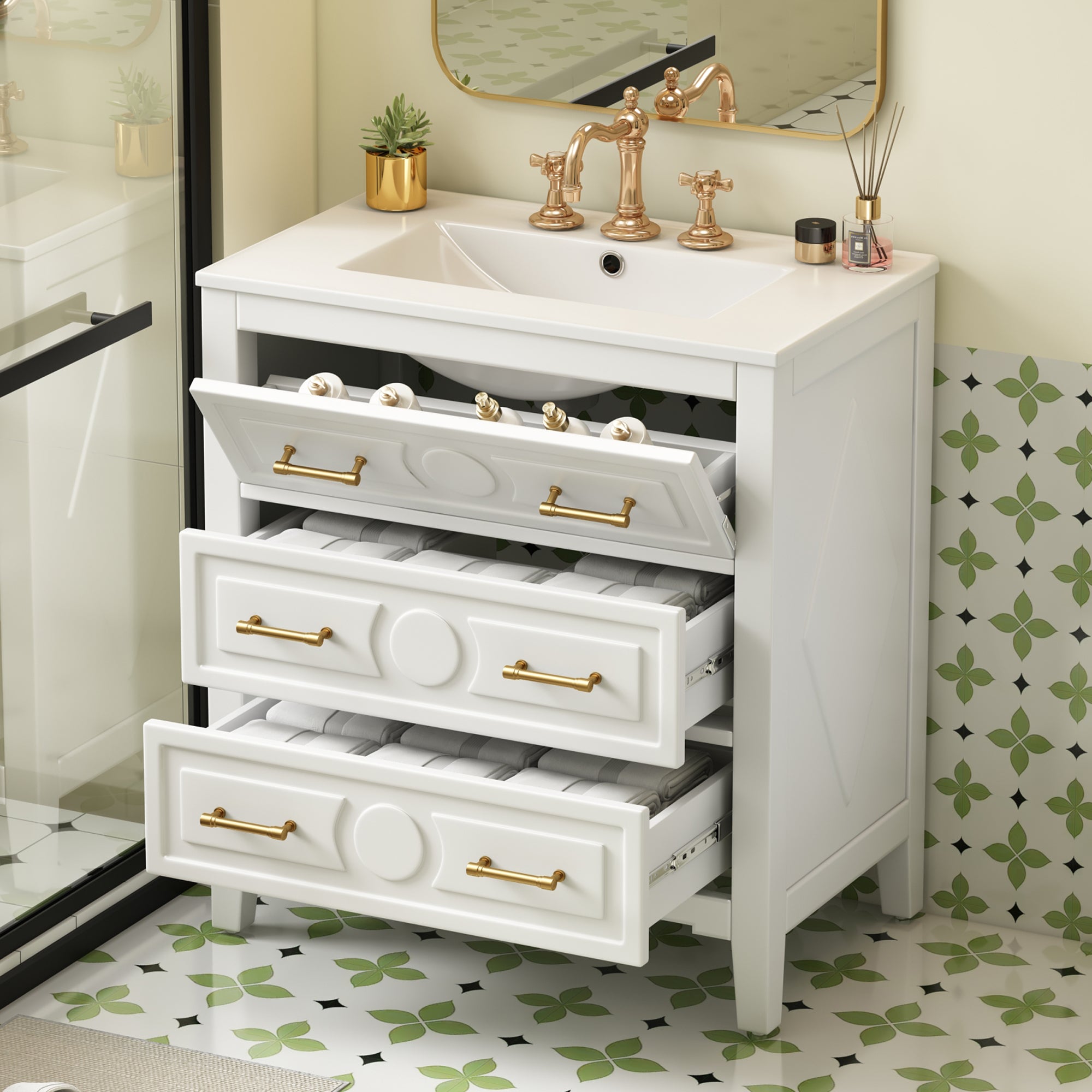 30 "Ceramic sink solid wood frame independent single dressing table set（white）