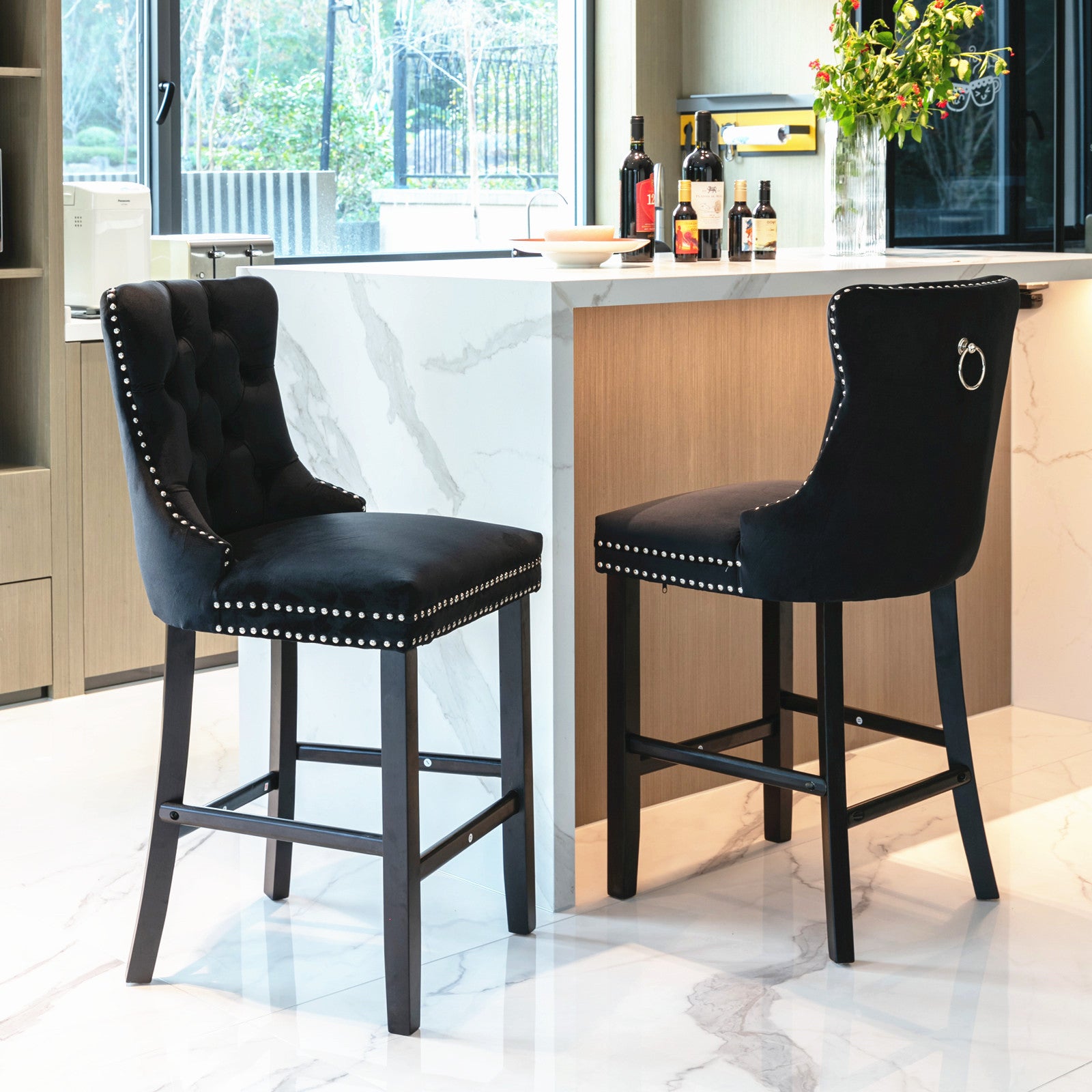 Two contemporary velvet upholstered bar stool(black)