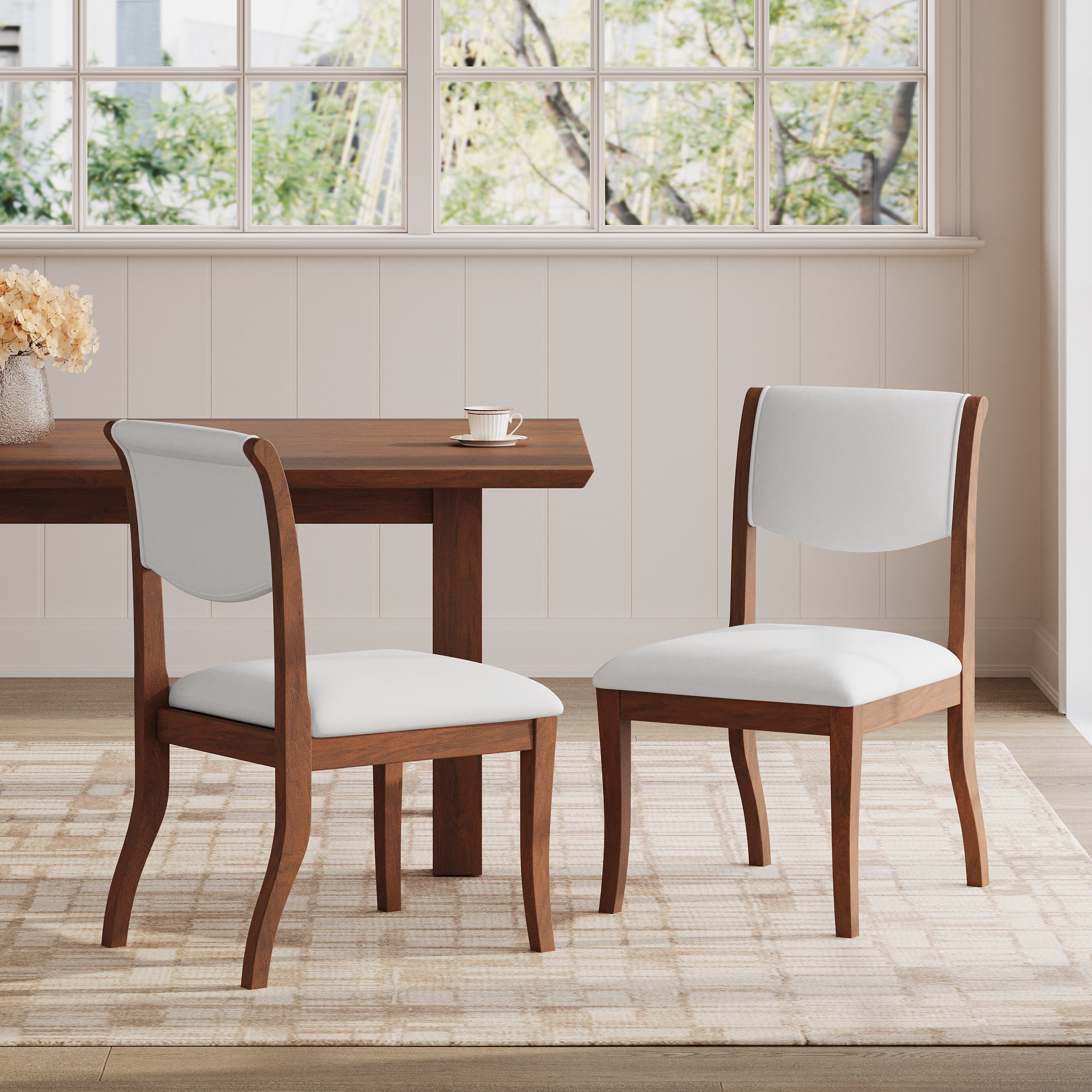 Two elegant curved upholstered dining chairs（white+walnut）
