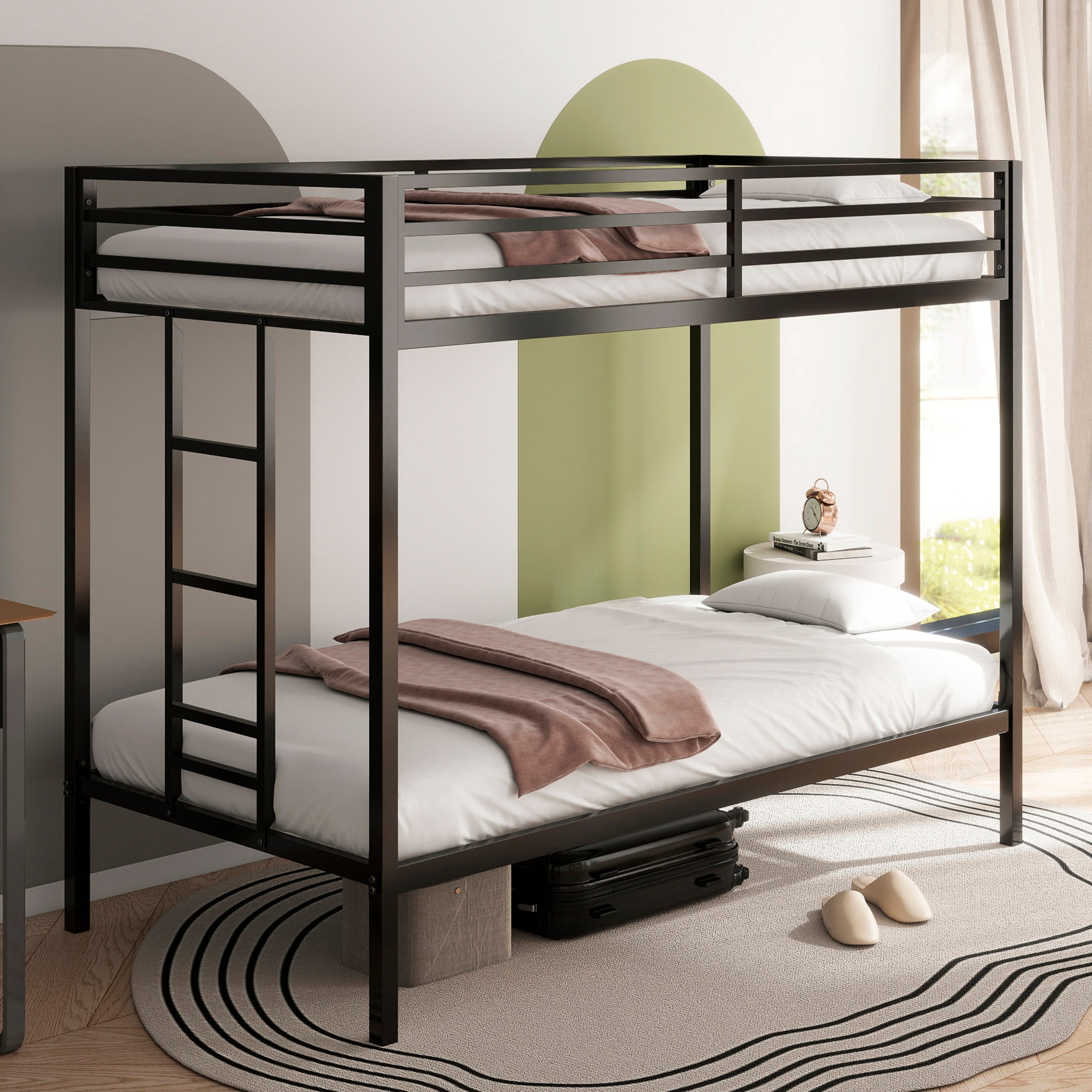 Sturdy black metal double bed and bunk bed