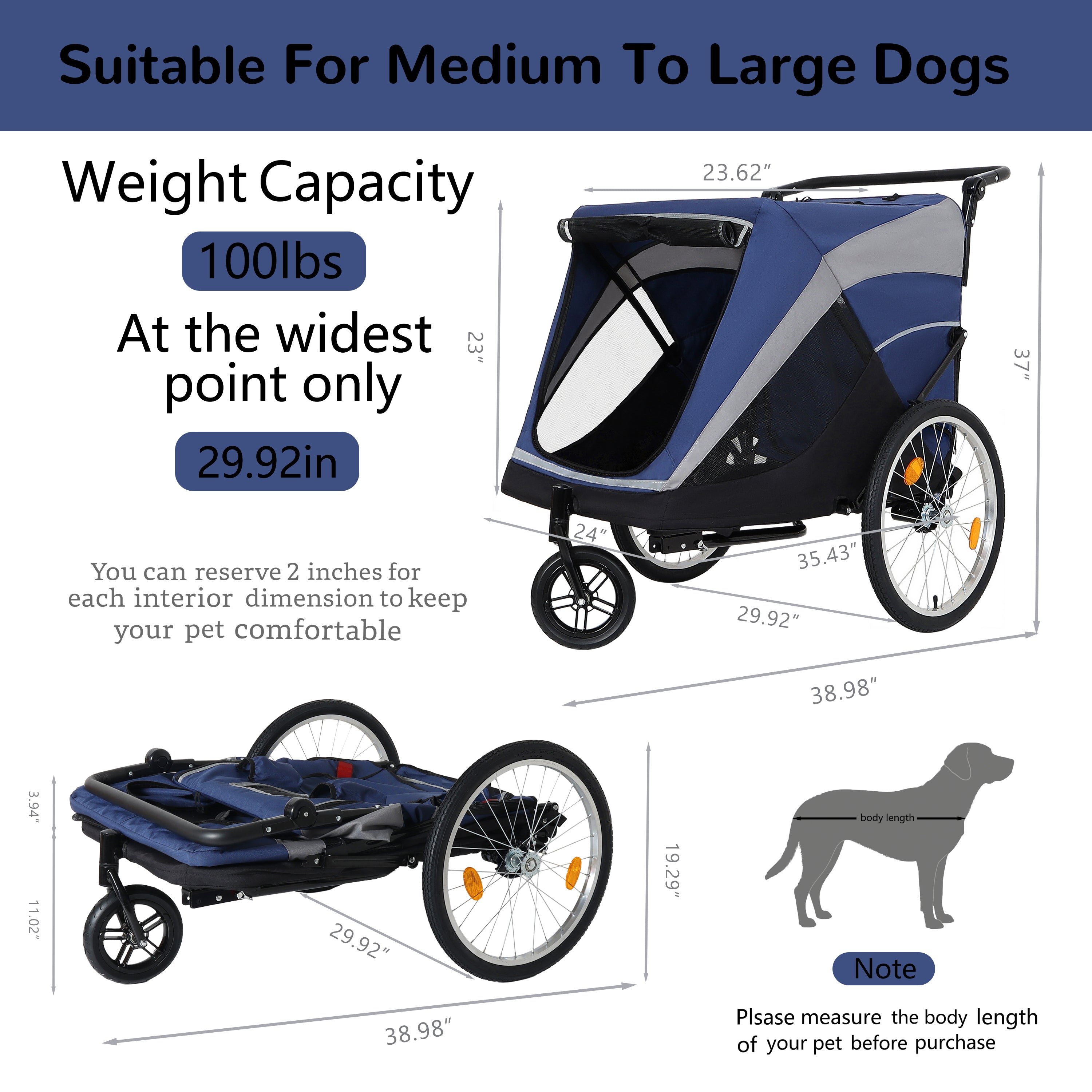 Detachable 2-in-1 pet bicycle trailer and stroller(Black+Blue)