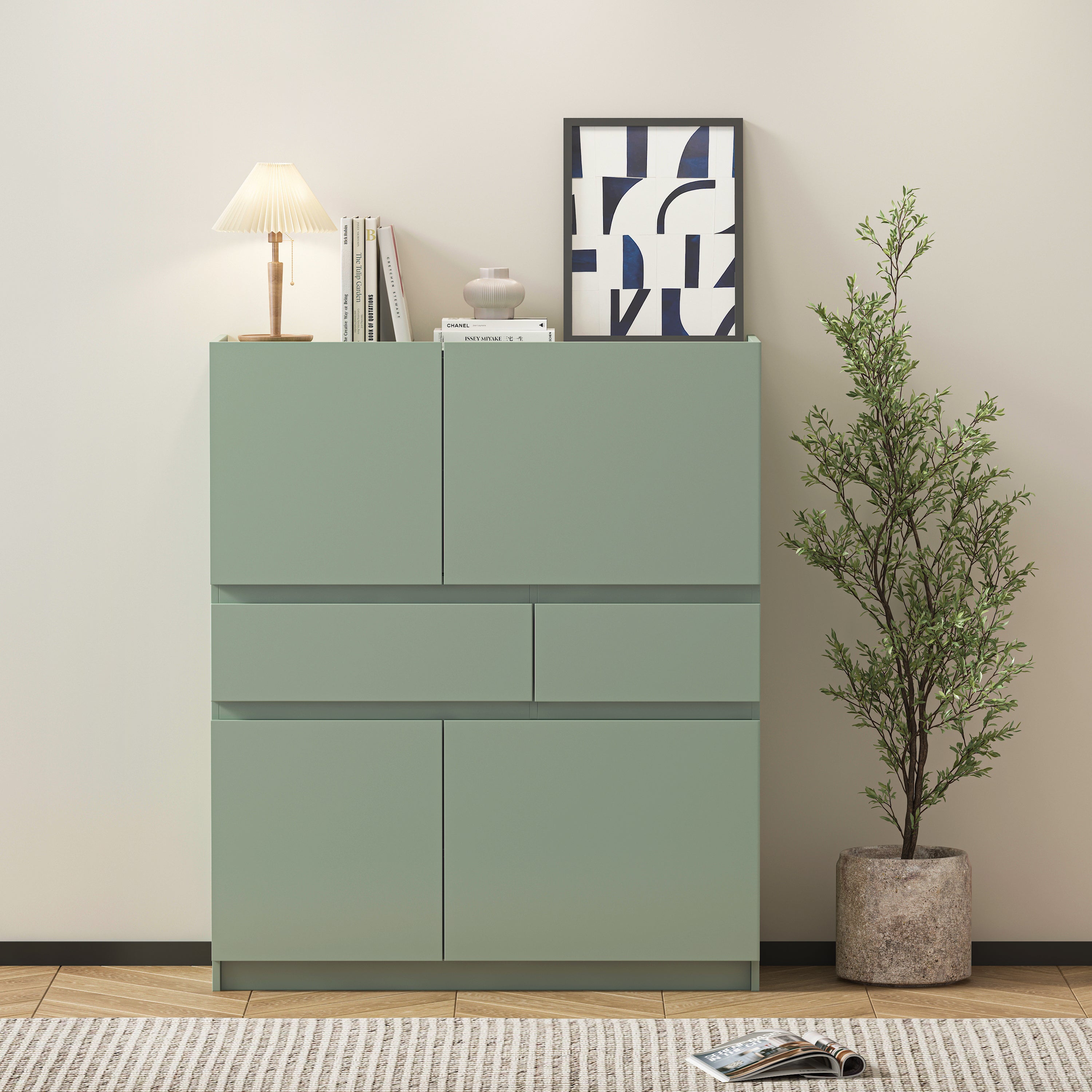 Green wooden storage cabinet with 4 doors and 2 drawers