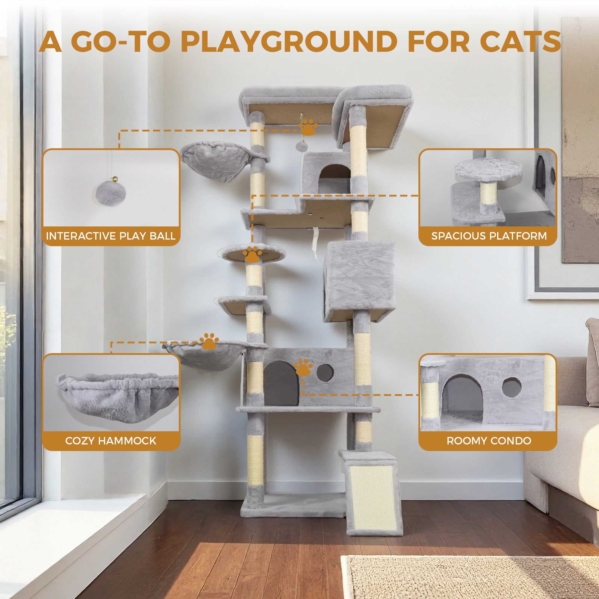 84.6 Light grey Cat Tree Tower - KiKiUMi