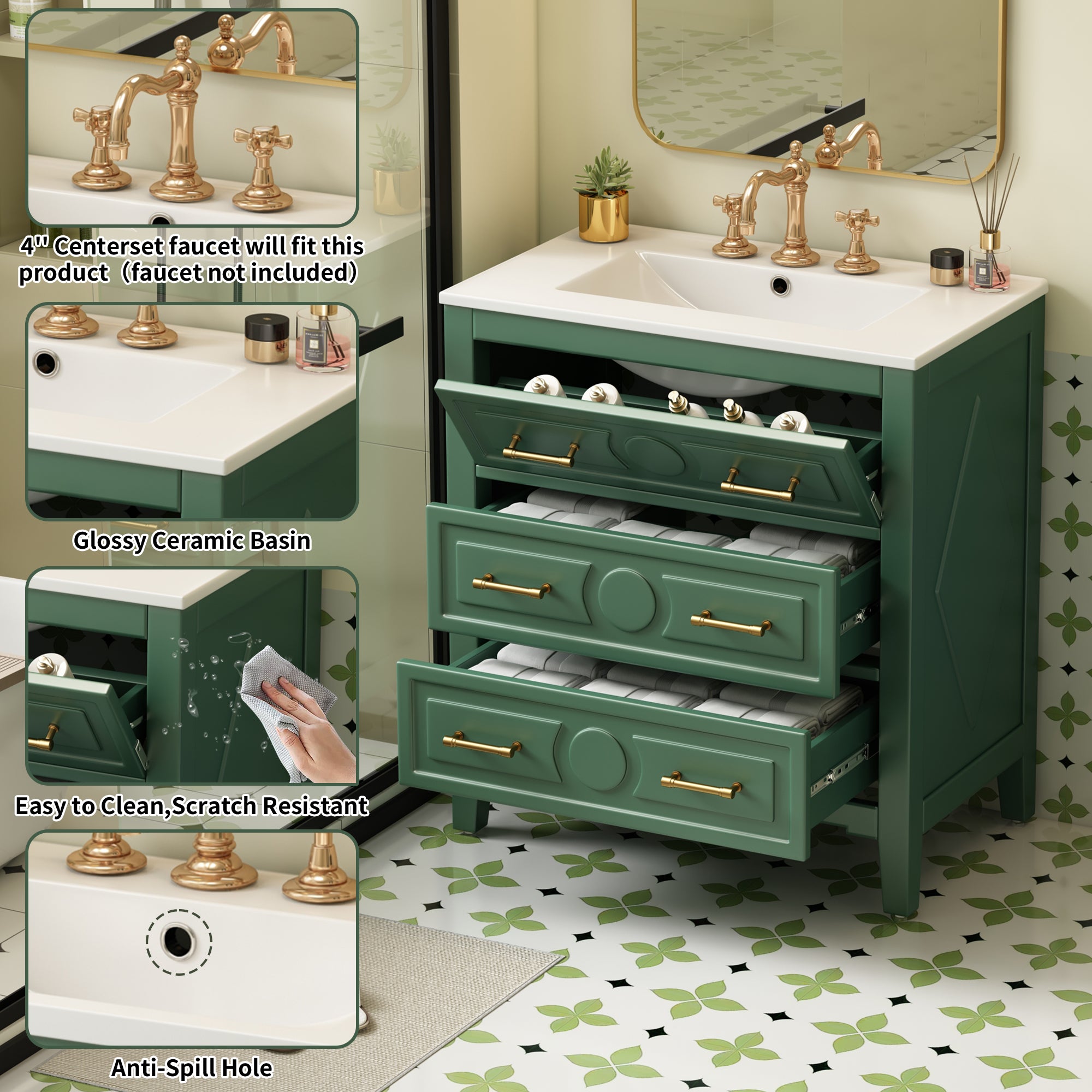 30 "Ceramic sink solid wood frame independent single dressing table set(green)
