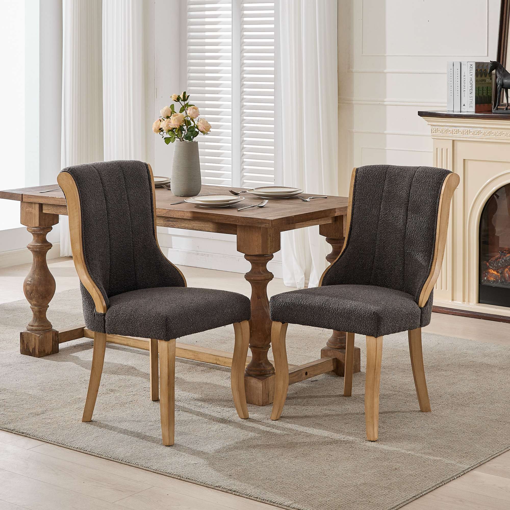 Medieval-style curved wood veneer snow velvet dining chair(gray)