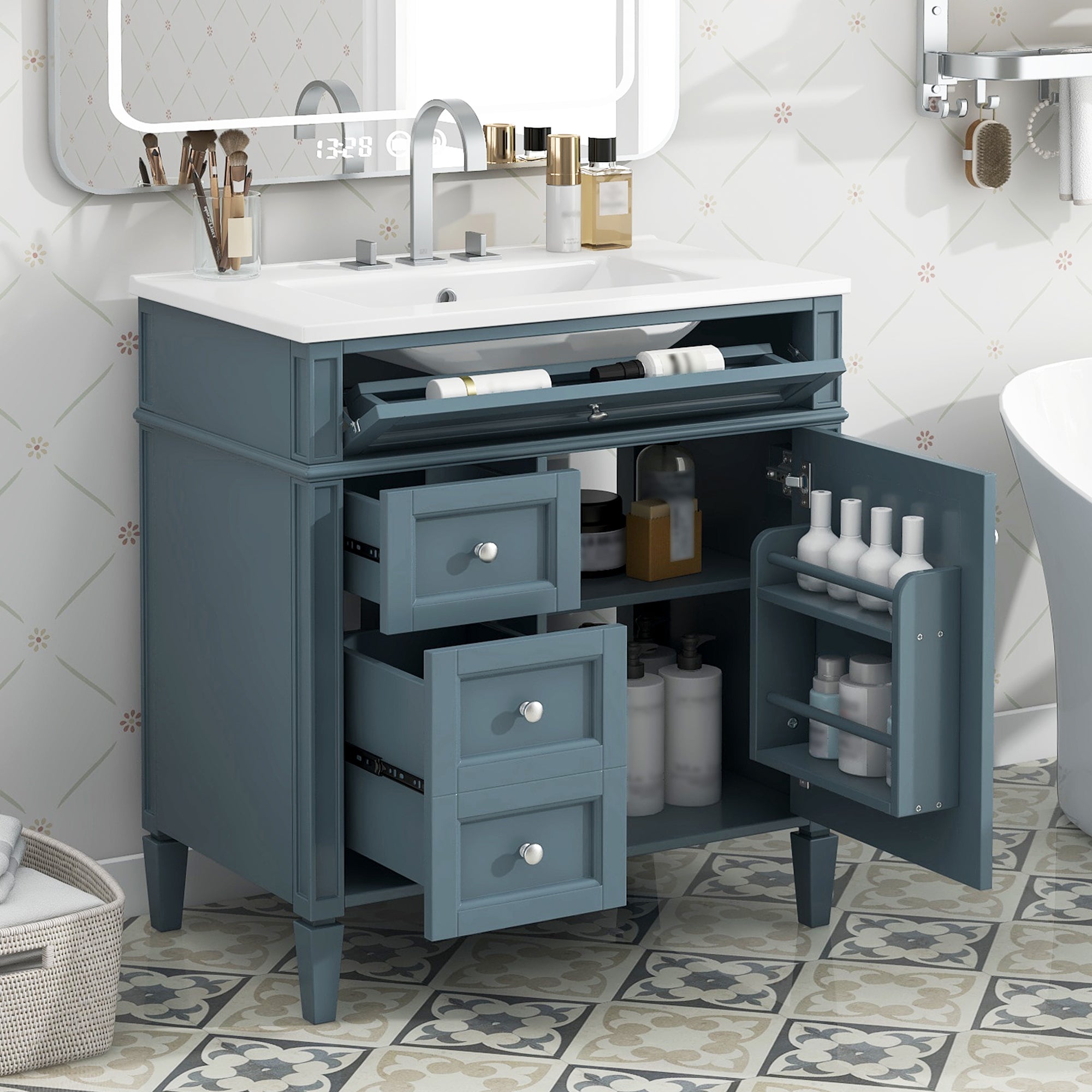 30 "Single sink bathroom dressing table, modern bathroom storage cabinet(blue)