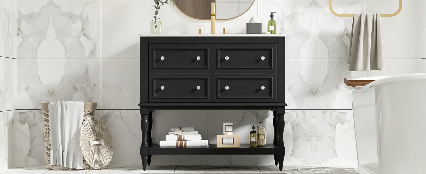 36' Solid Wood Frame Independent Dressing Table Set (black)