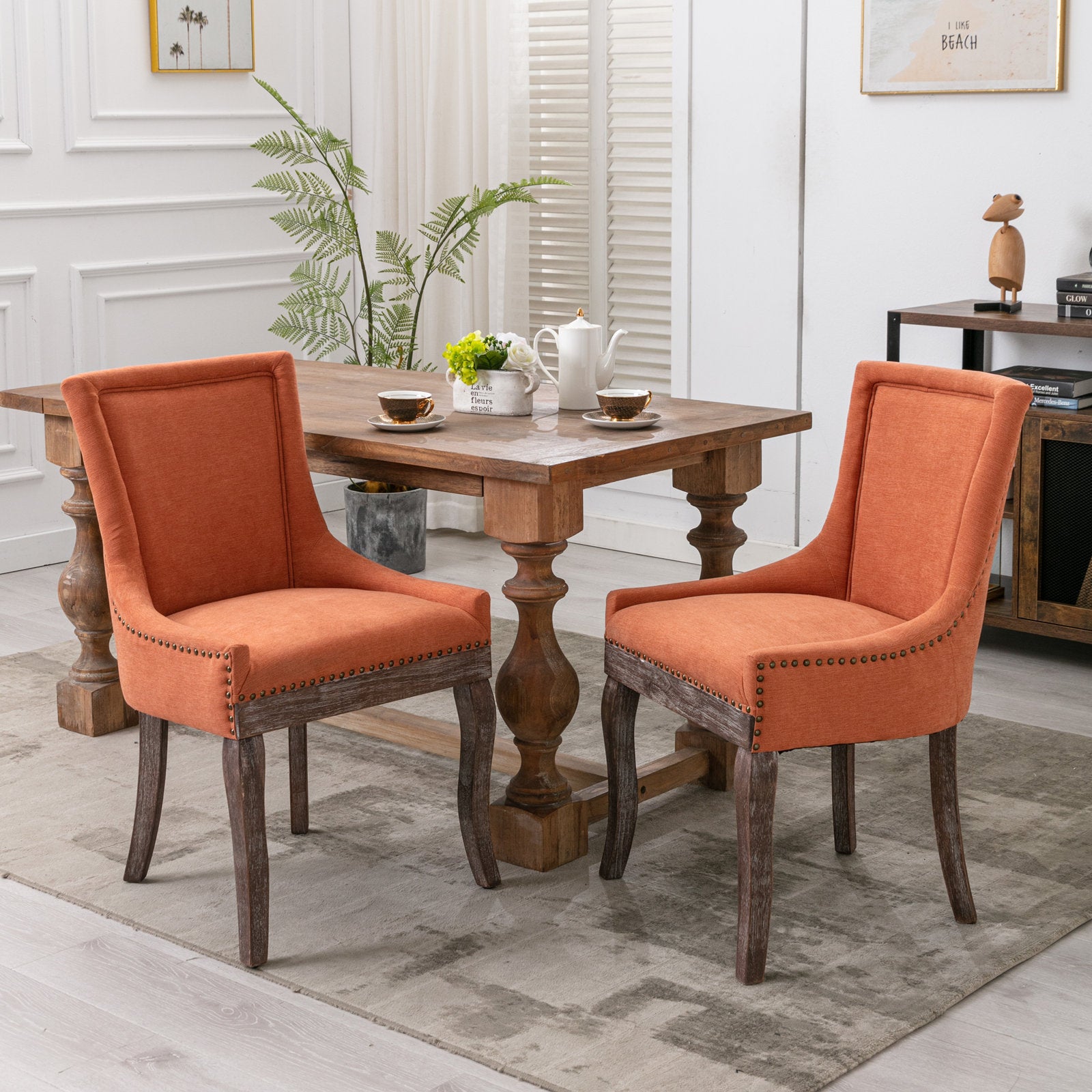 Retro-style thickened fabric light luxury high-back dining chair（orange）