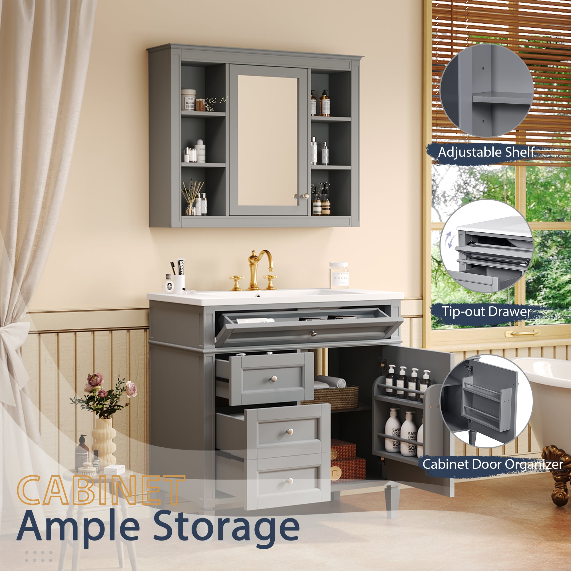 36 "Single sink bathroom dressing table, modern bathroom storage cabinet(Grey)