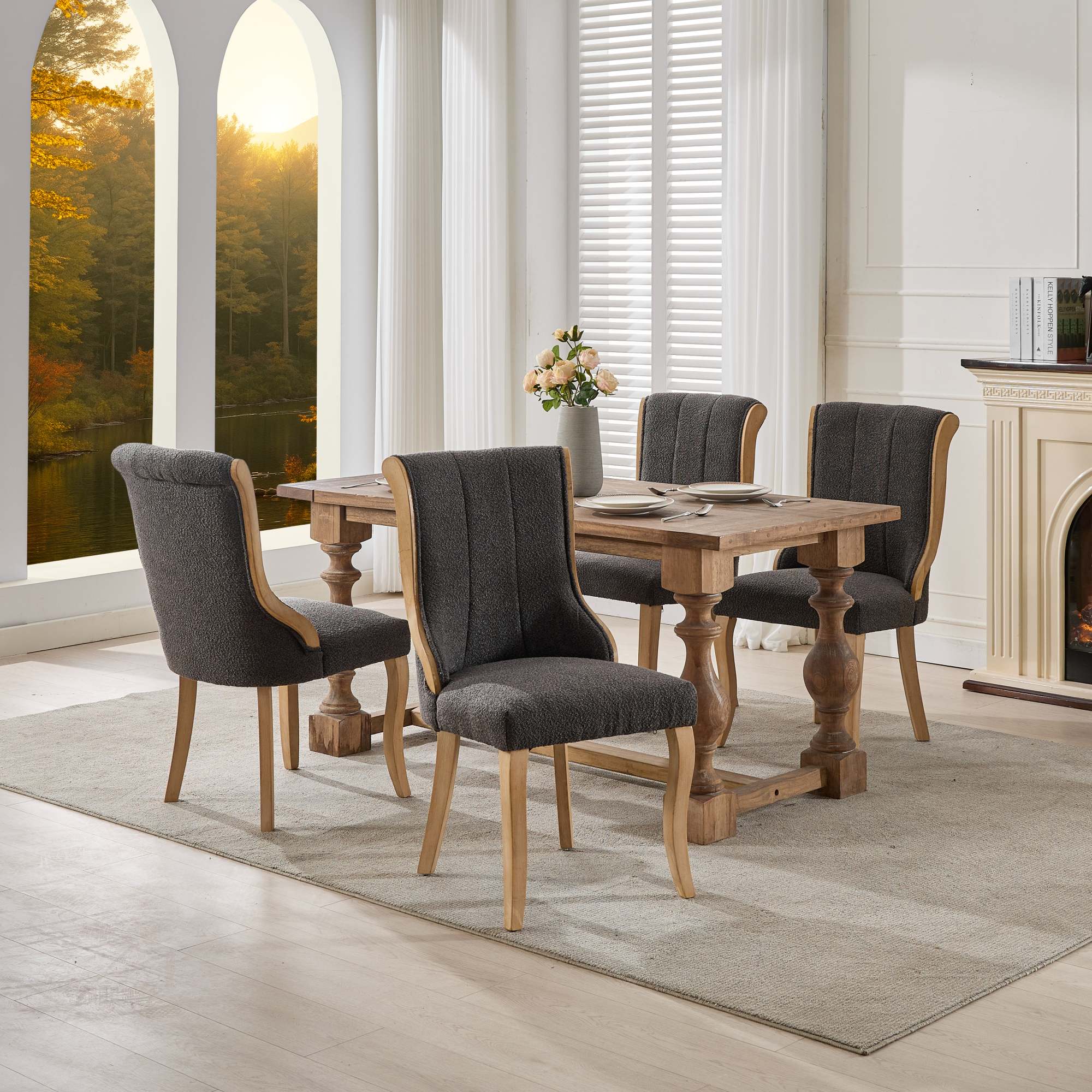 Medieval-style curved wood veneer snow velvet dining chair(gray)