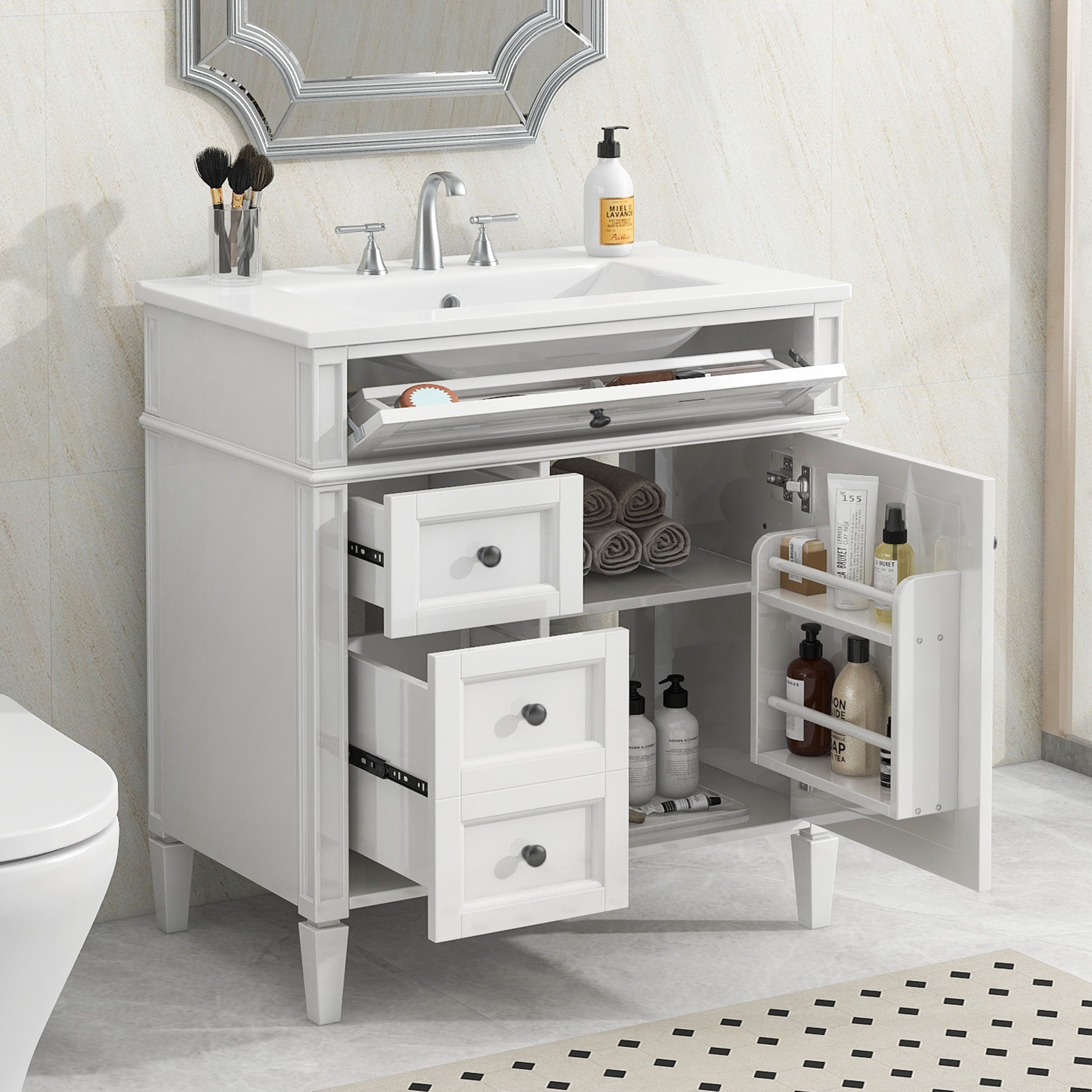 Single sink bathroom dressing table and modern bathroom storage cabinet(White)