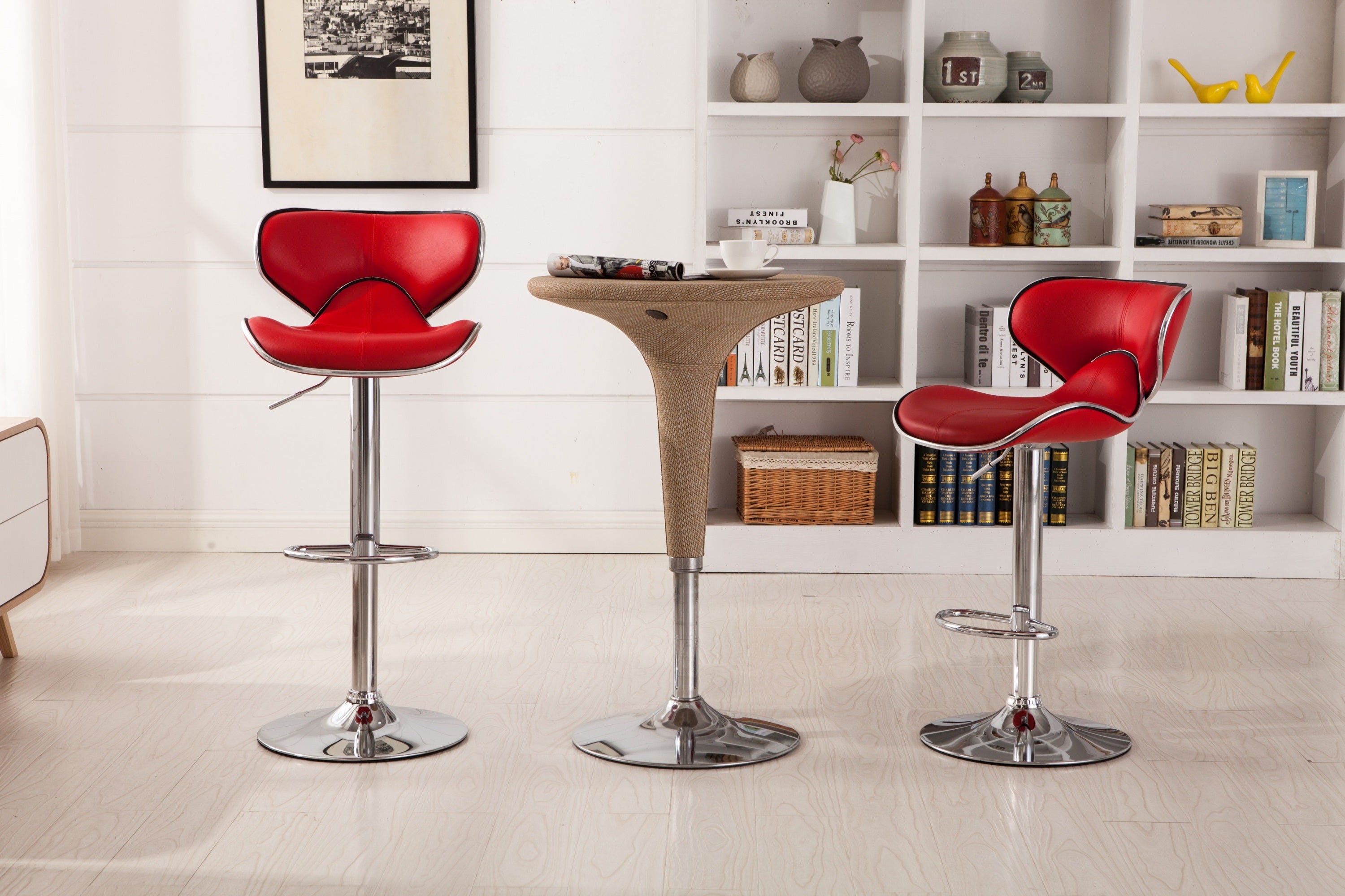 Two adjustable and rotating bar stools（red）