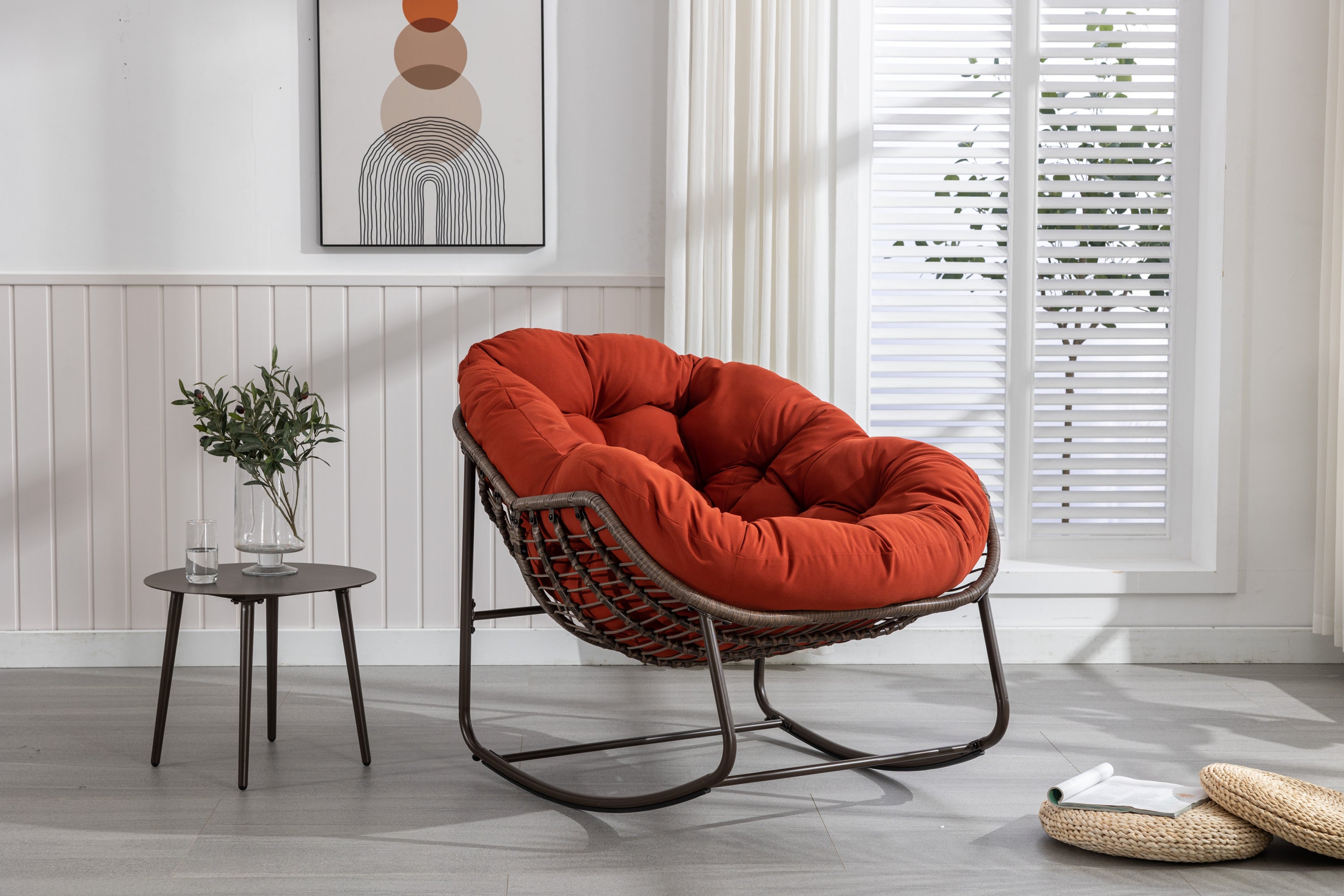 Orange outdoor soft-padded rattan rocking chair and lounge chair