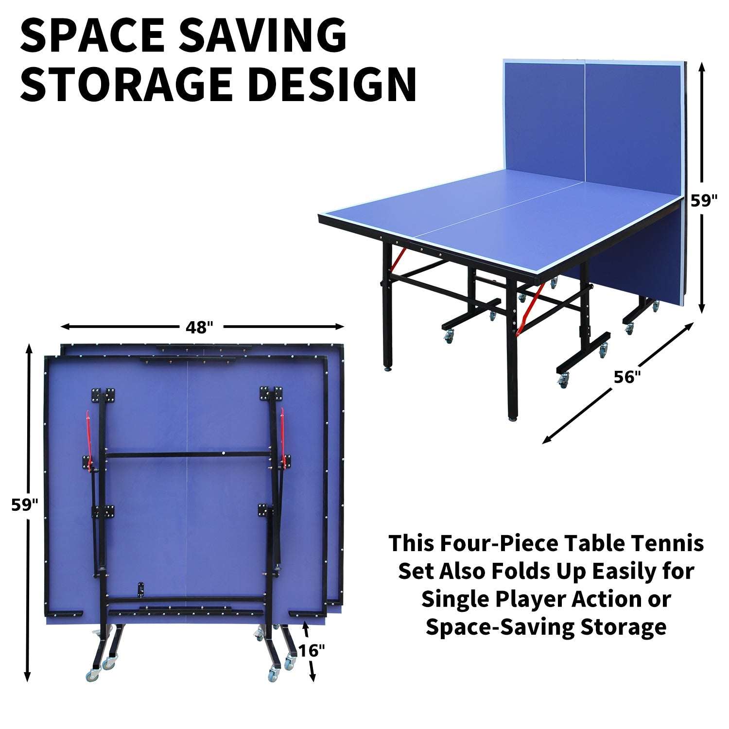 8ft Mid - Size Table Tennis Table Foldable & Portable Ping Pong Table Set for Indoor Games with Net, 2 Table Tennis Paddles and 3 Balls 89 lbs - KiKiUMi