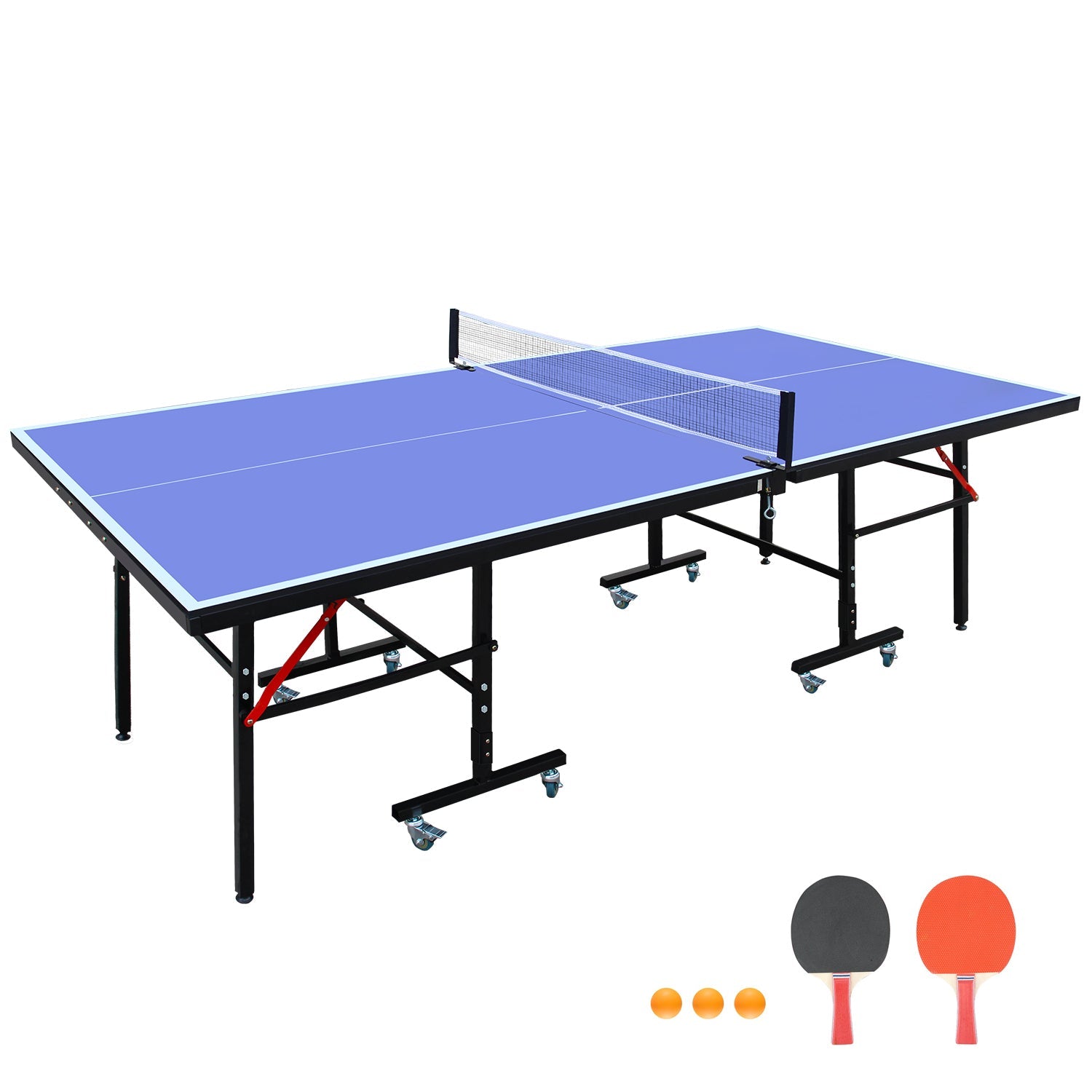 8ft Mid - Size Table Tennis Table Foldable & Portable Ping Pong Table Set for Indoor Games with Net, 2 Table Tennis Paddles and 3 Balls 89 lbs - KiKiUMi