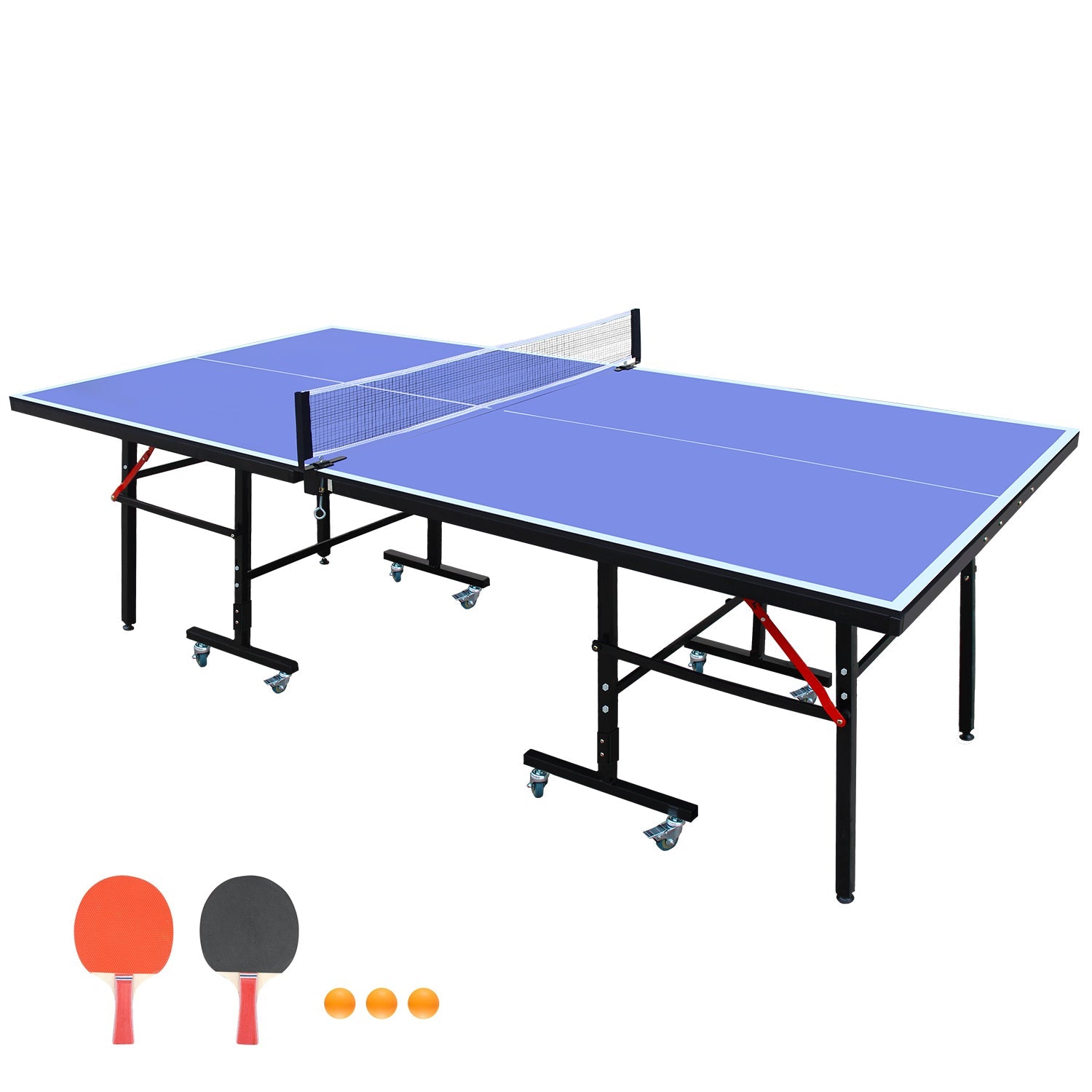 8ft Mid - Size Table Tennis Table Foldable & Portable Ping Pong Table Set for Indoor Games with Net, 2 Table Tennis Paddles and 3 Balls 89 lbs - KiKiUMi