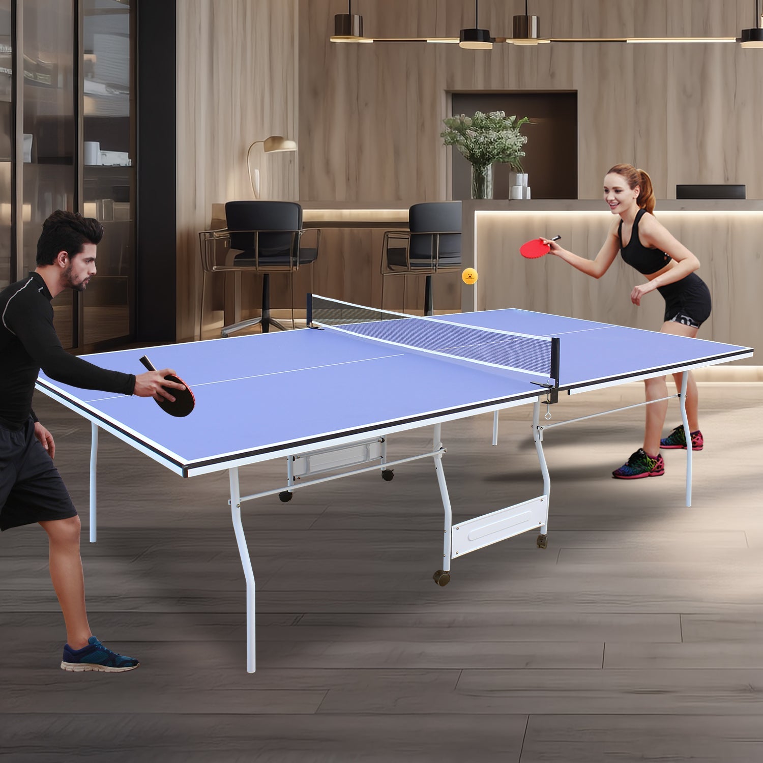9 - foot collapsible medium - sized ping - pong table with a net, 2 ping - pong paddles and 3 balls 105 lbs - KiKiUMi