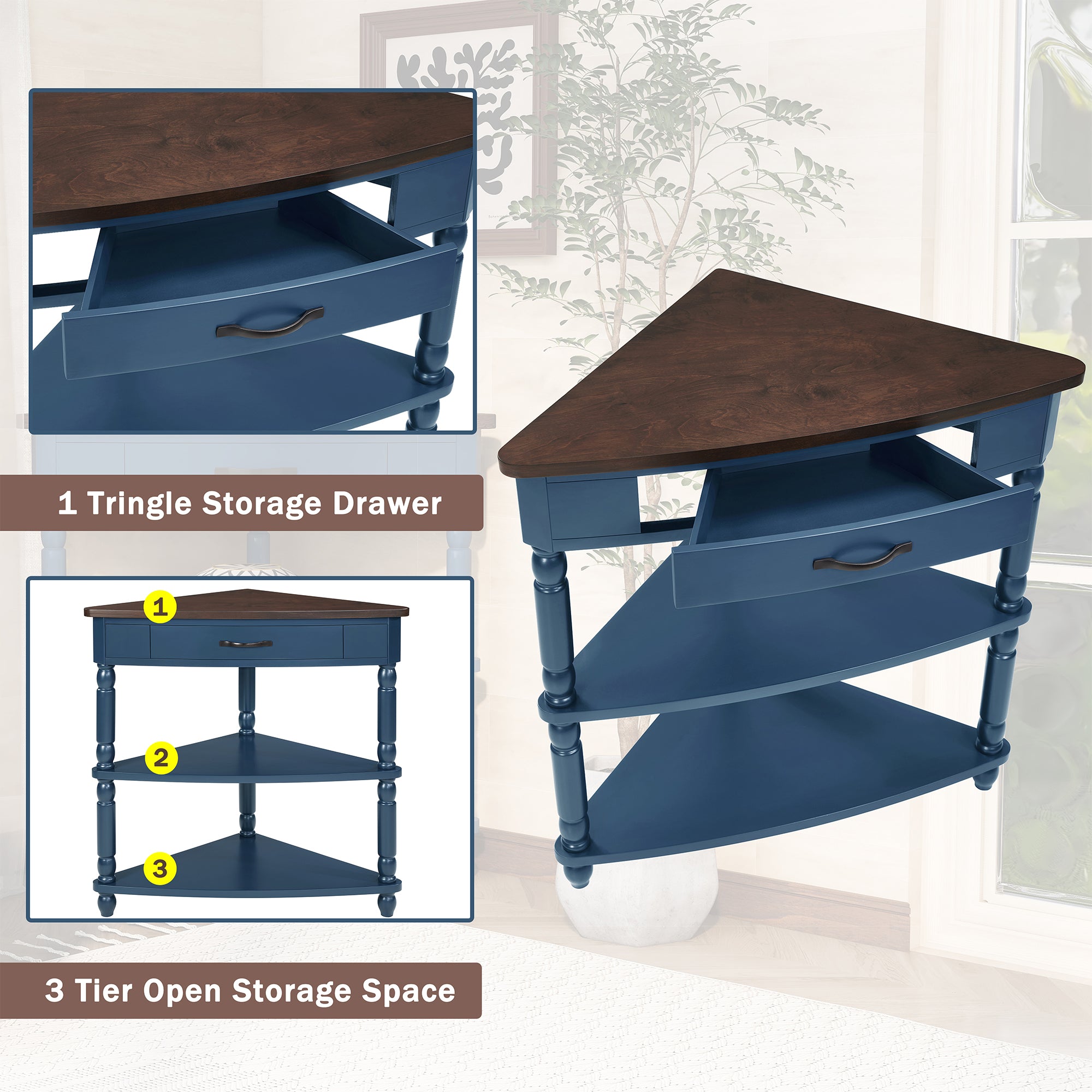 Three-tiered small triangular corner tables(navy blue)