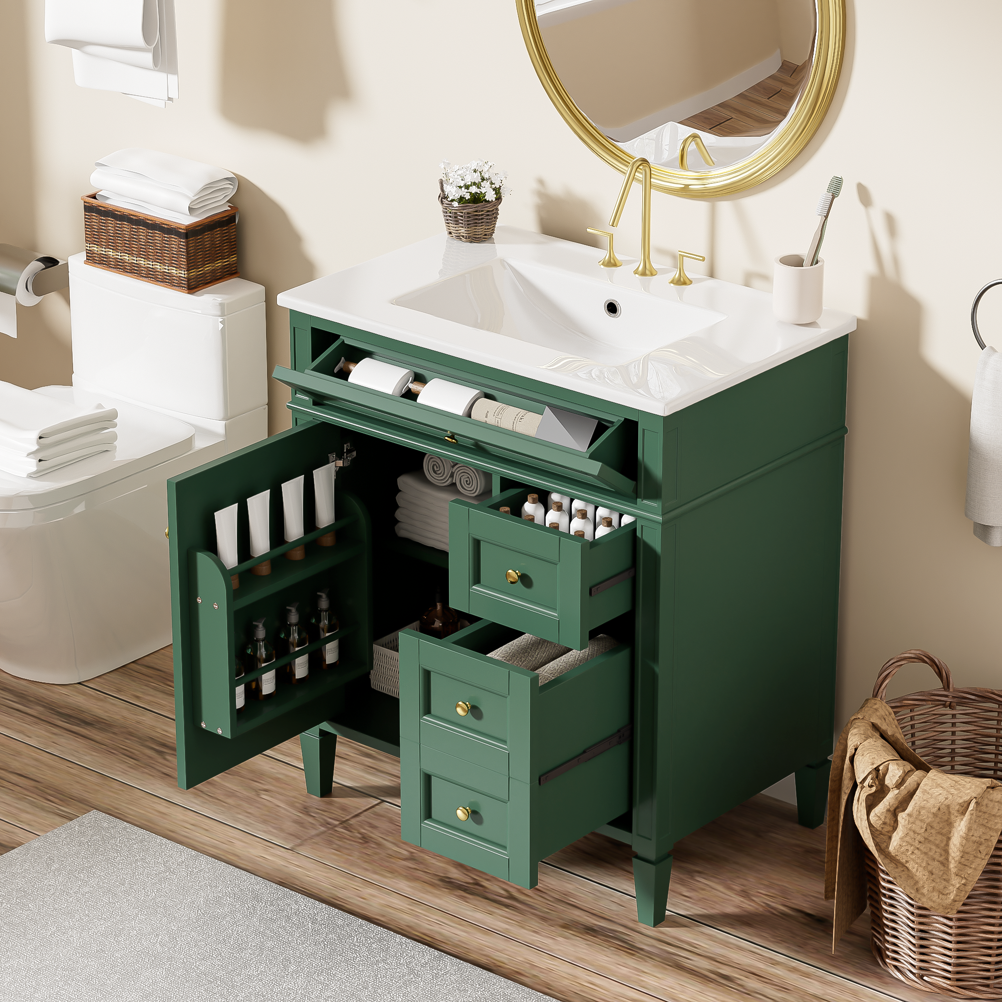 30 "Single sink bathroom dressing table, modern bathroom storage cabinet(green)