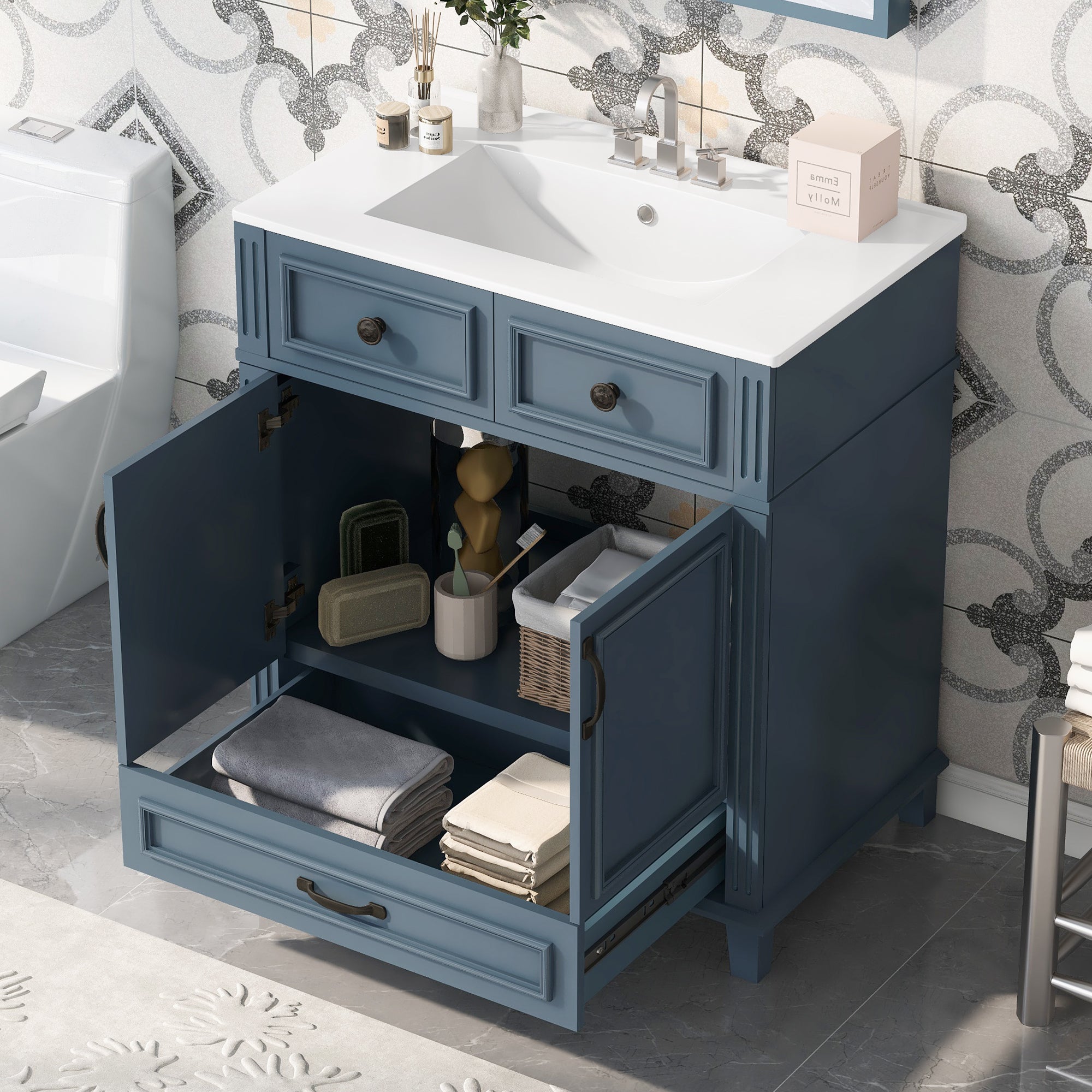 Blue 30 "ceramic sink solid wood frame bathroom dressing table
