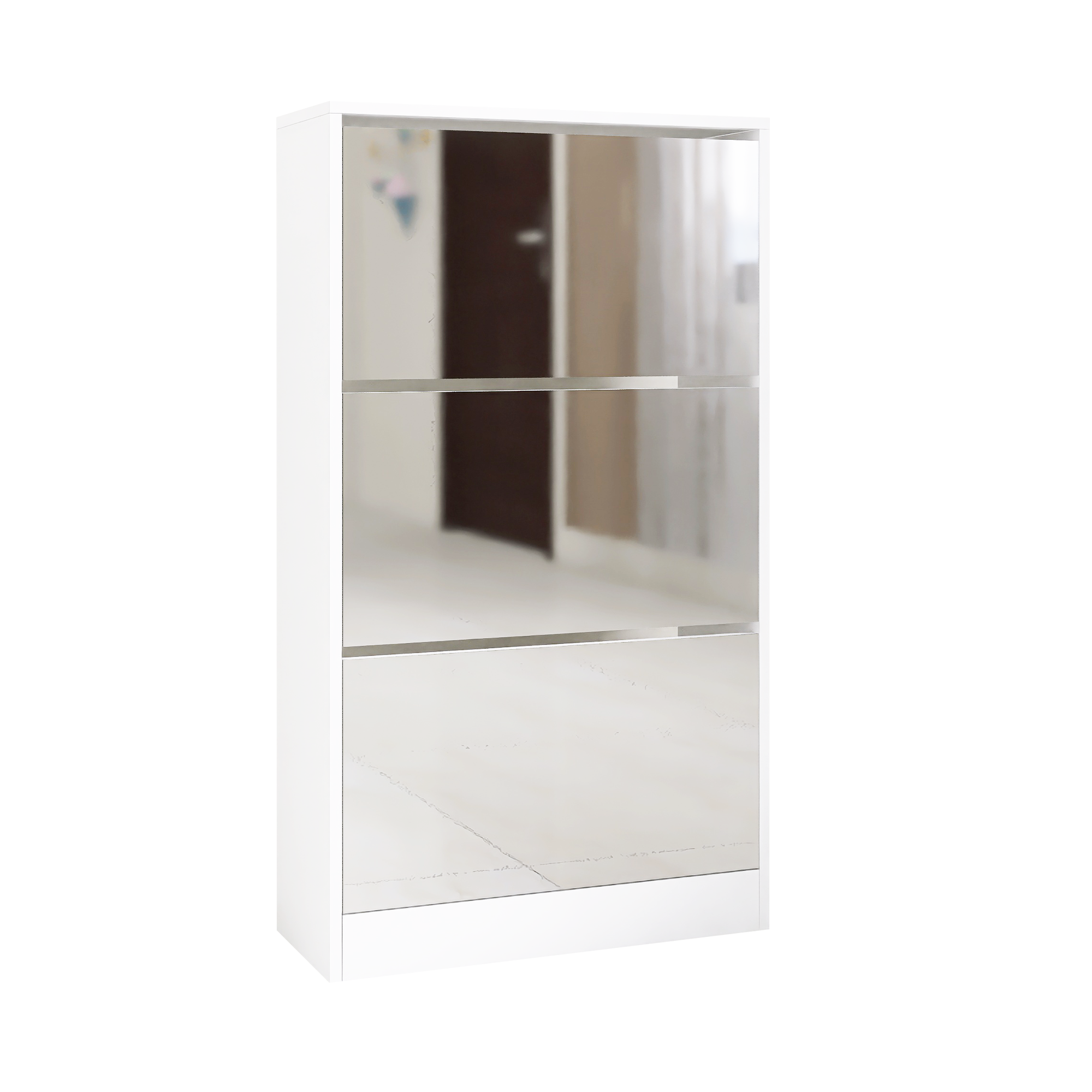 Slender white mirror shoe cabinet, a three-layer wooden shoe organizer