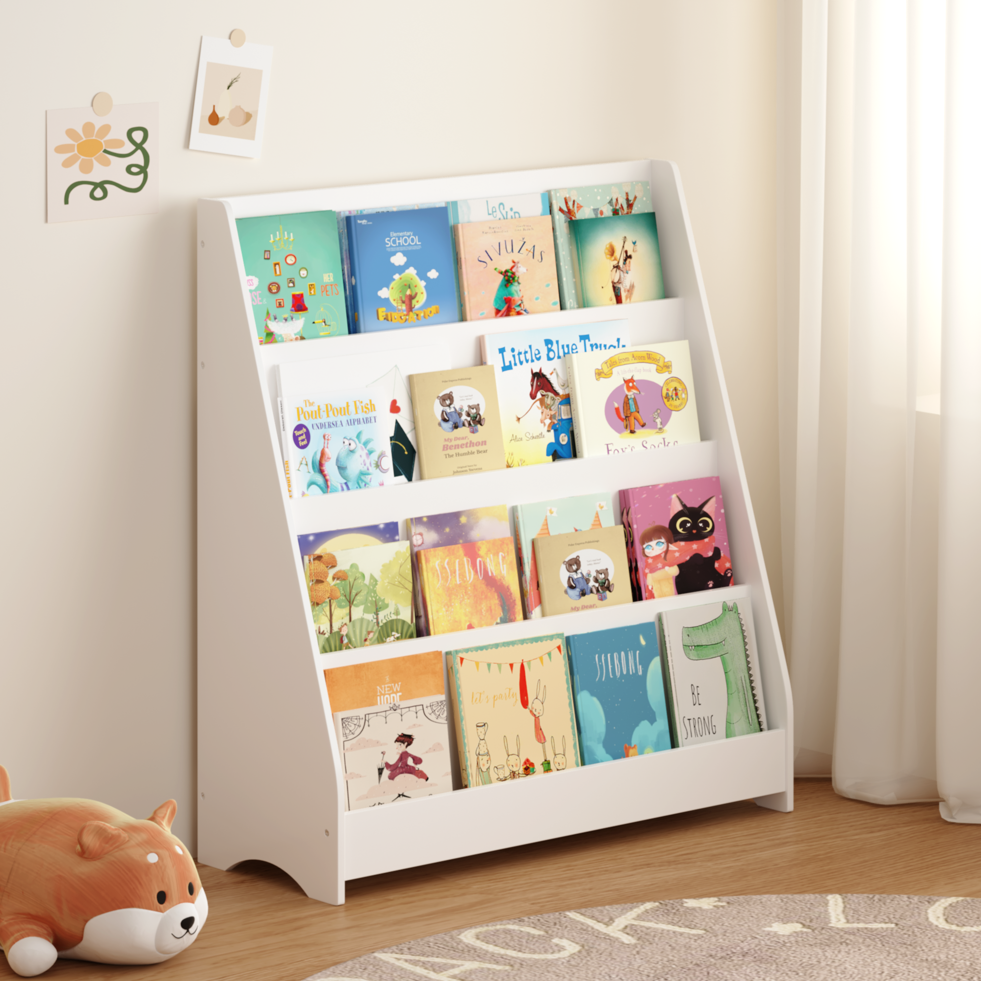 Four layers of white children's bookshelves