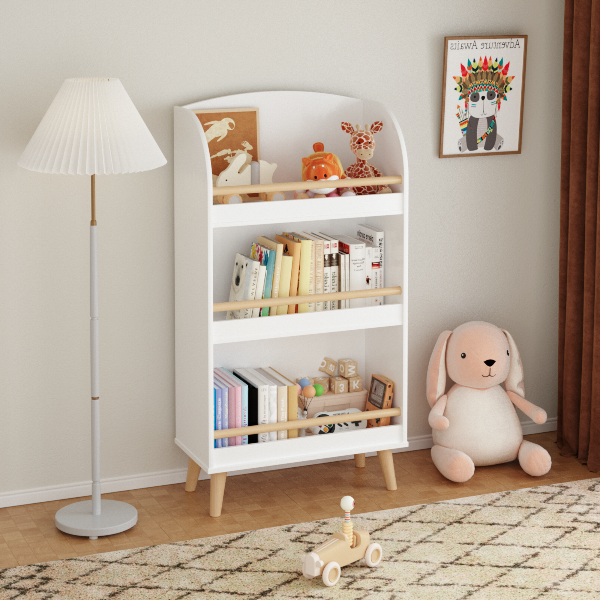 White toy storage cabinet organizer and bookshelf