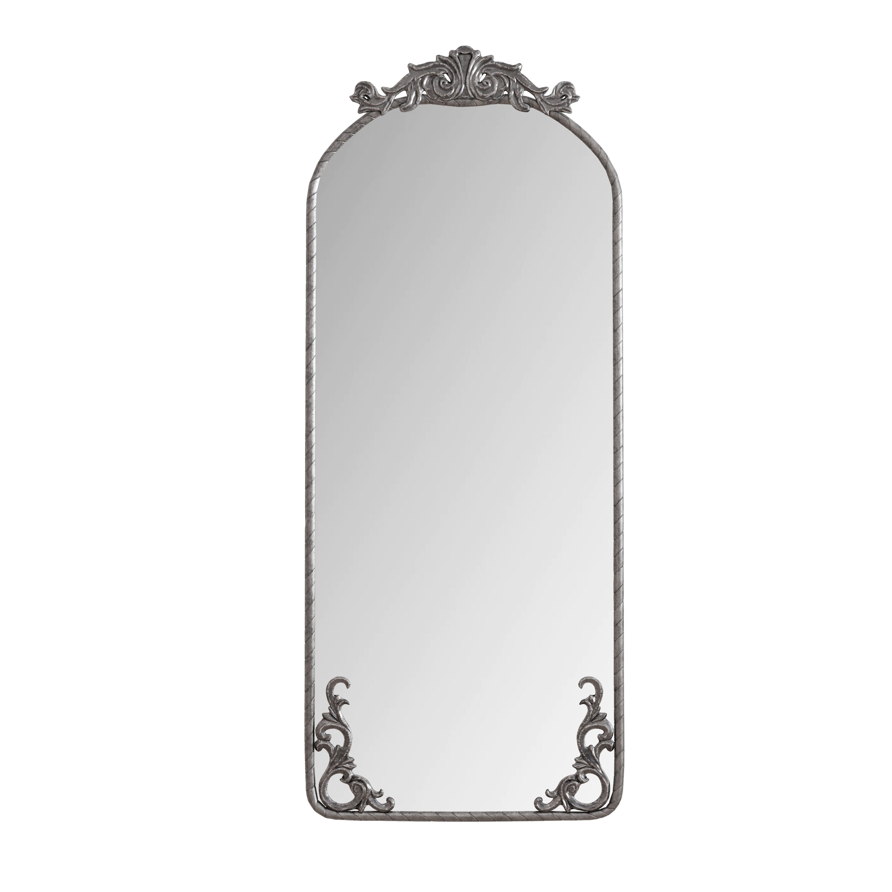 Vintage arched full-length mirror with engraved decals