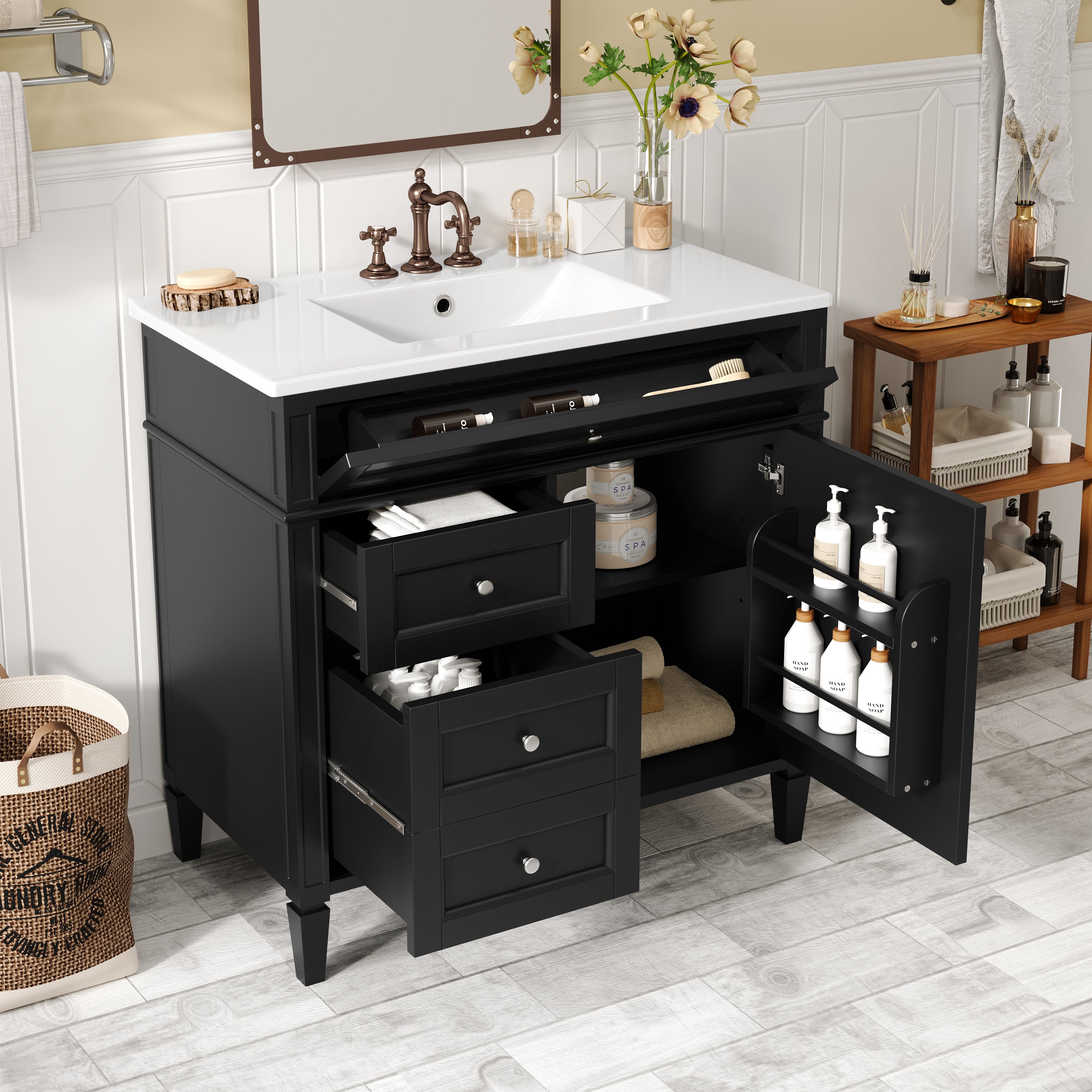 36 "Single sink bathroom dressing table, modern bathroom storage cabinet(black)