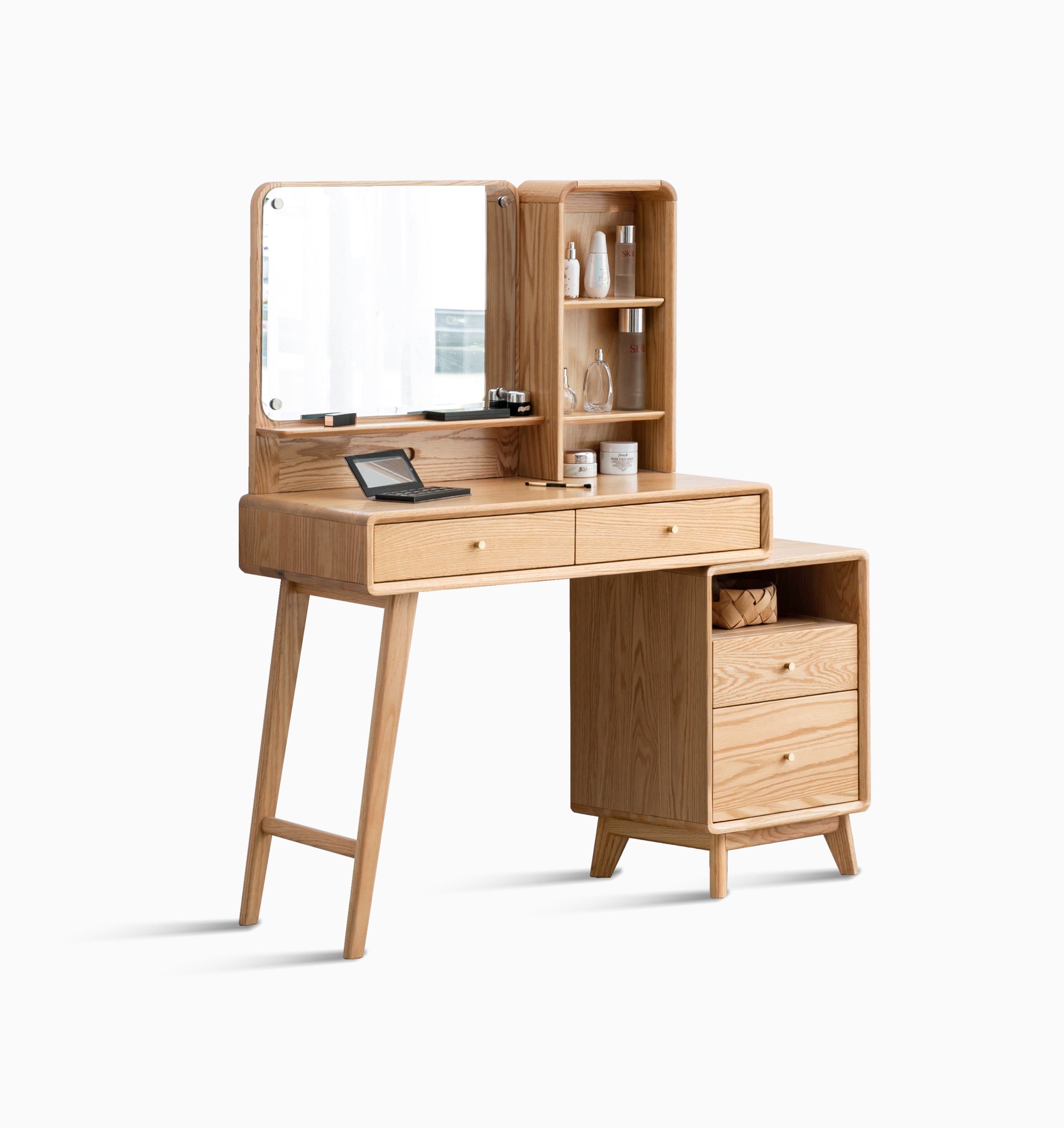Solid Oak Dressing Table Set,Vanity Set with Mirror & Stool