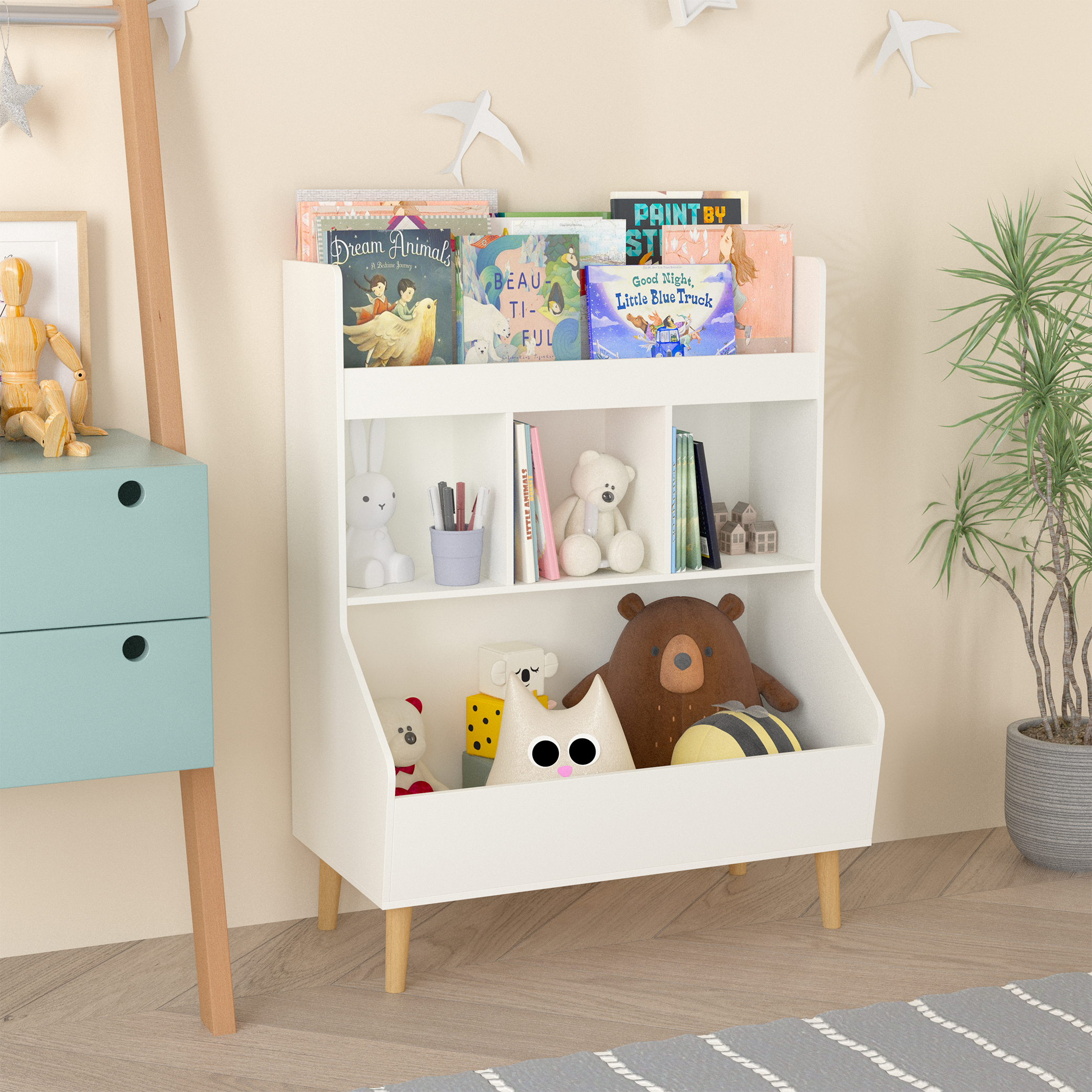 White children's bookshelf and toy storage organizer