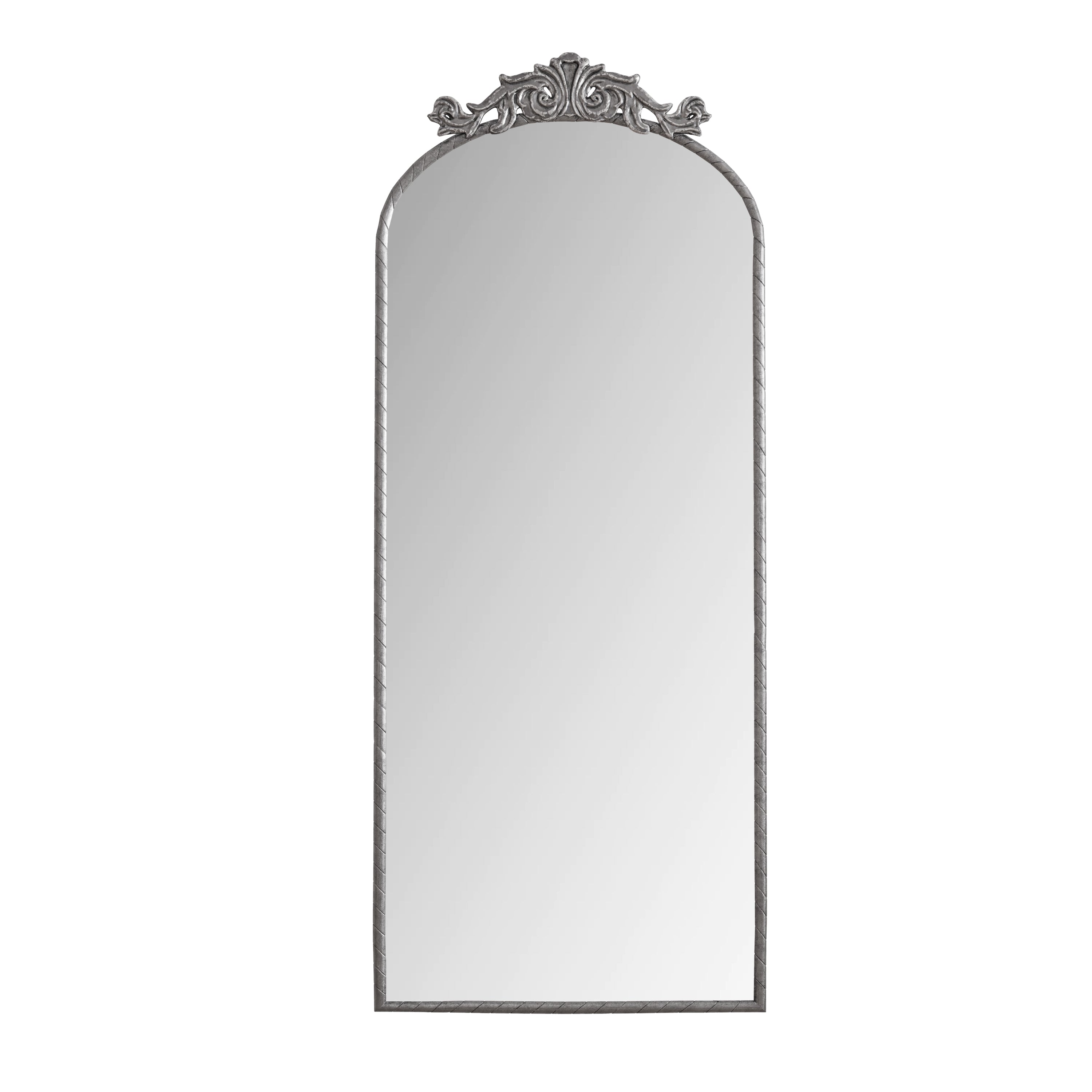 Vintage arched full-length mirror with an antique silver metal frame and engraved decals