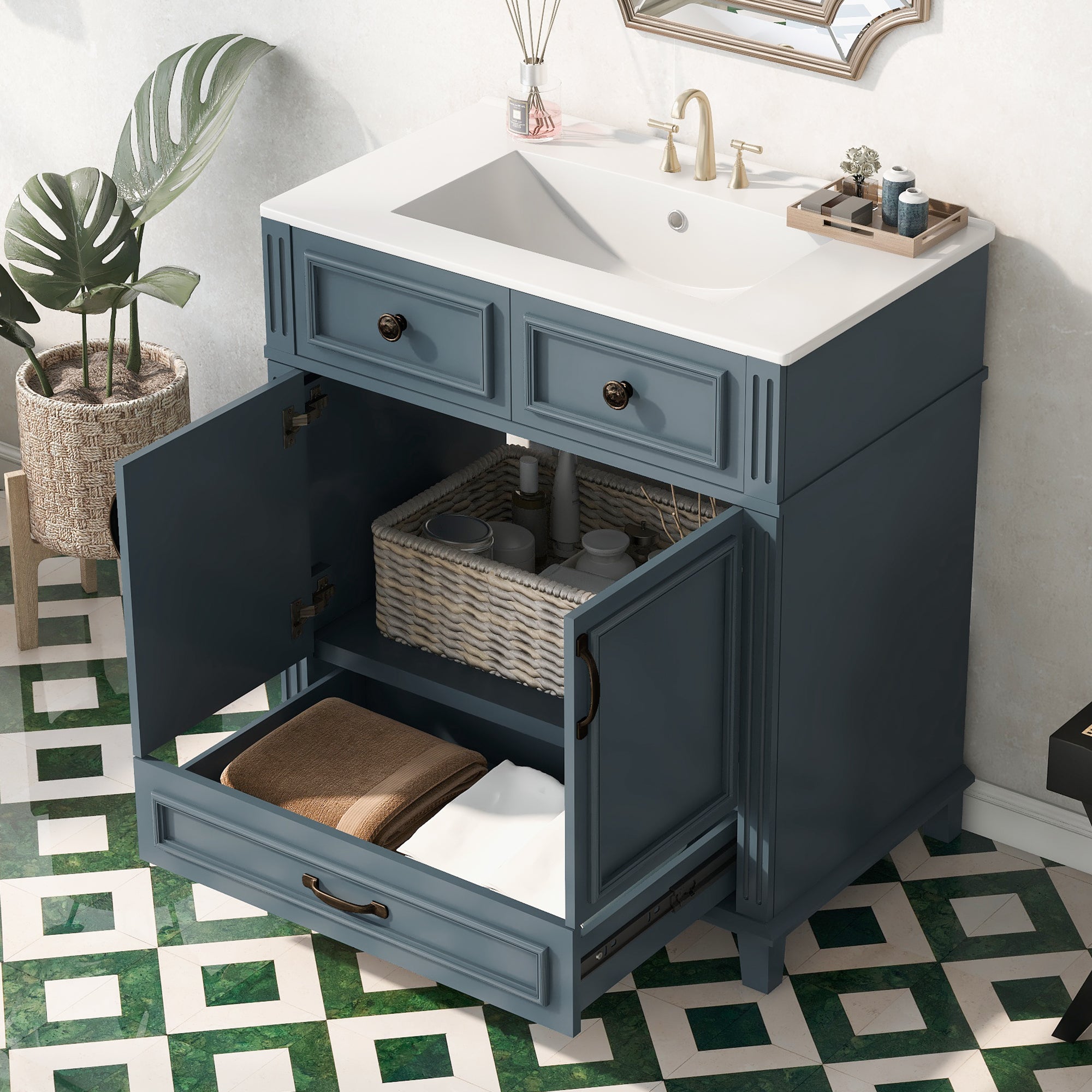 Blue 30 "ceramic sink solid wood frame bathroom dressing table