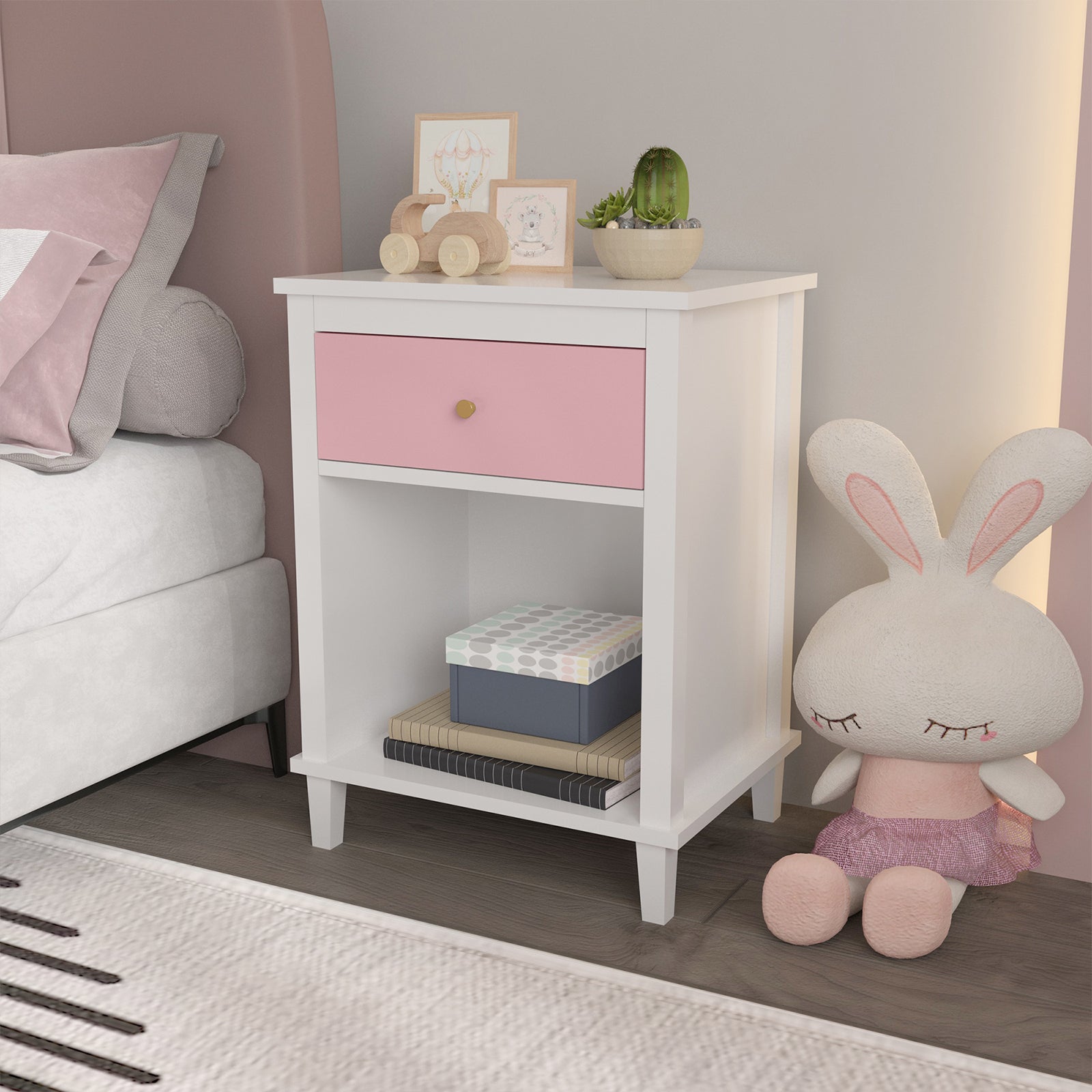 Pink wooden bedside table with drawers and storage cabinets