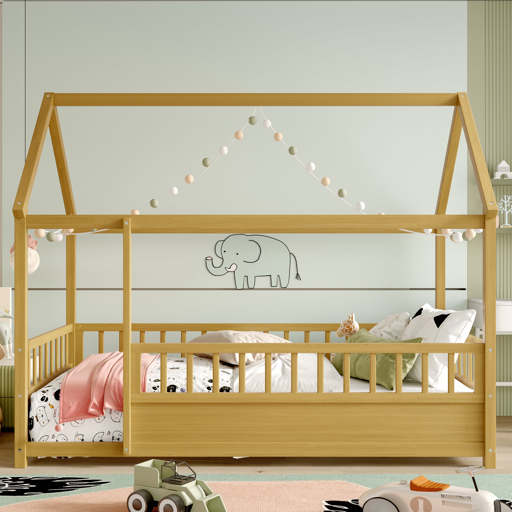 Natural double bed with a roof frame