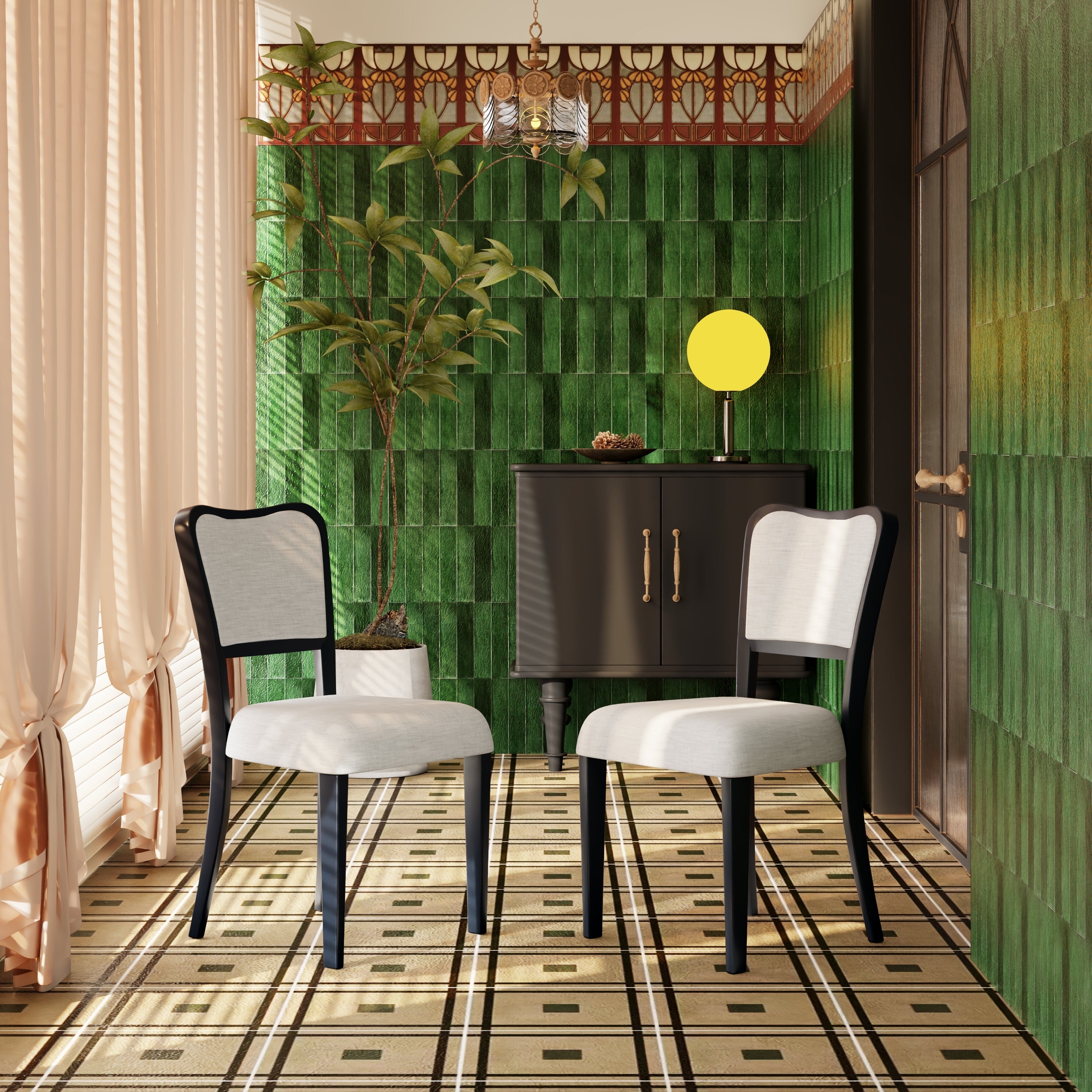 Two traditional curved black walnut veneered upholstered dining chairs（beige+black）