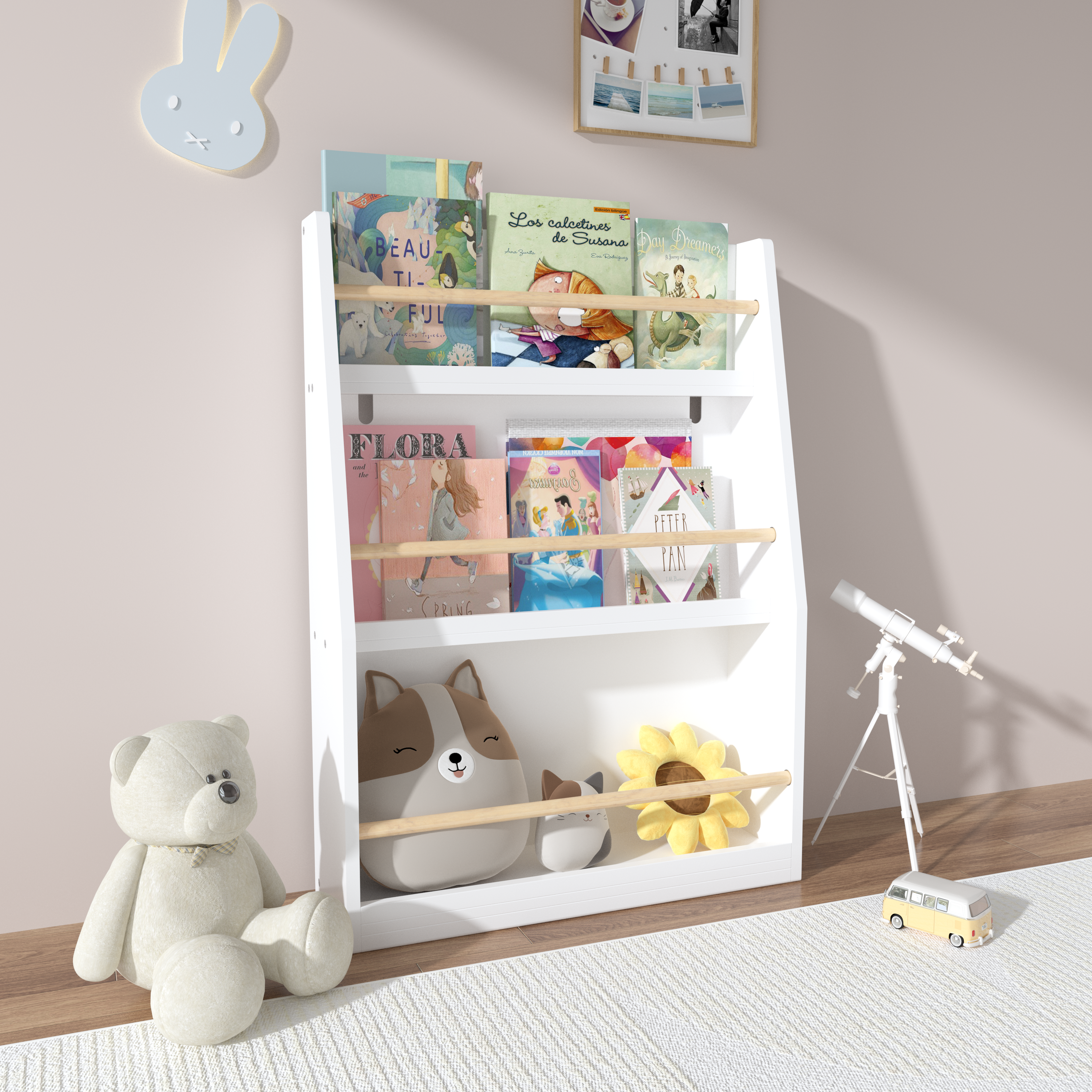Three-layer white children's bookshelf