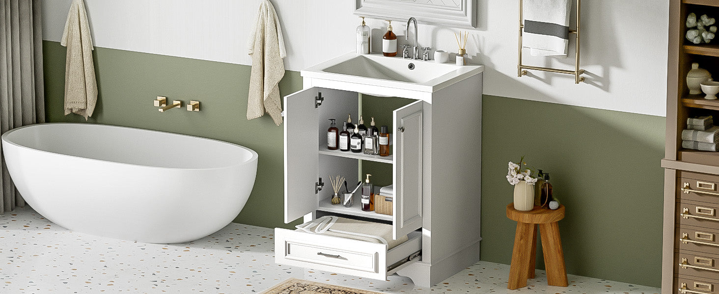 24-inch ceramic sink bathroom dressing table, modern standalone storage cabinet(white)