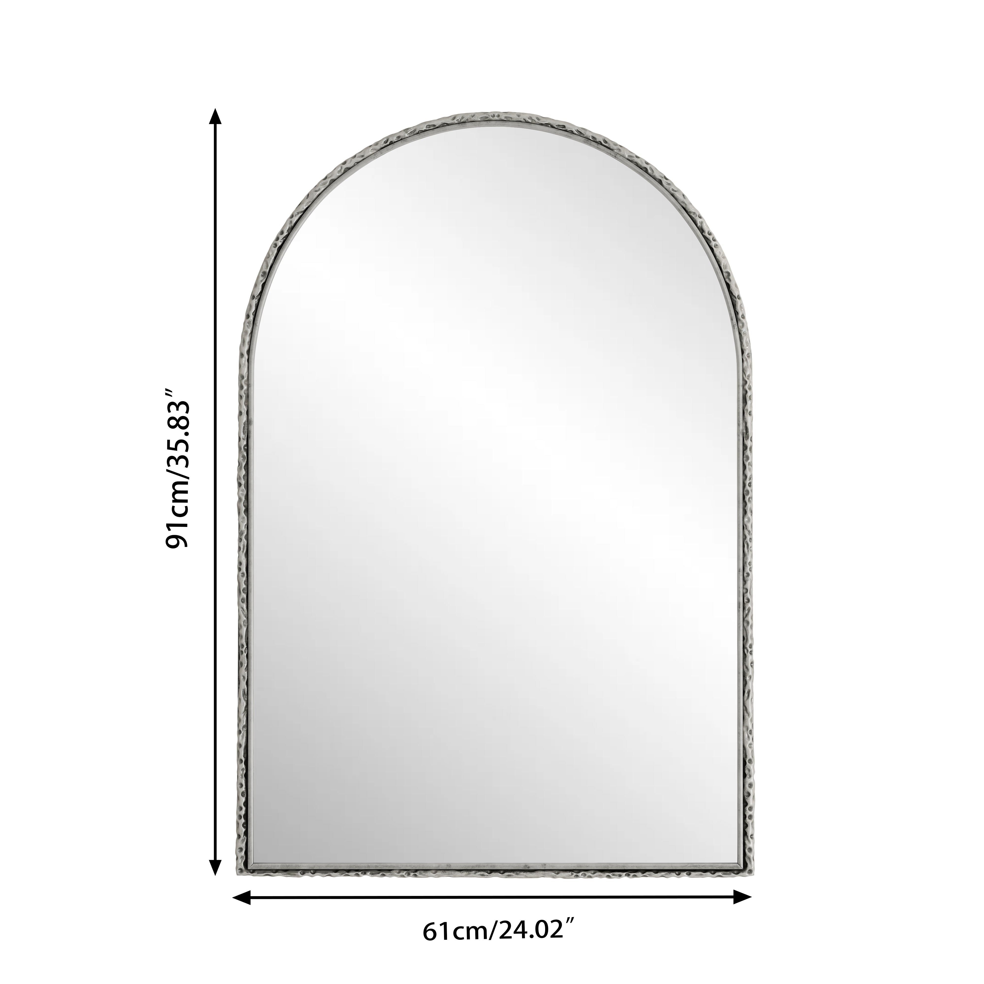 Silver arched mirror with tempered glass and a metal frame