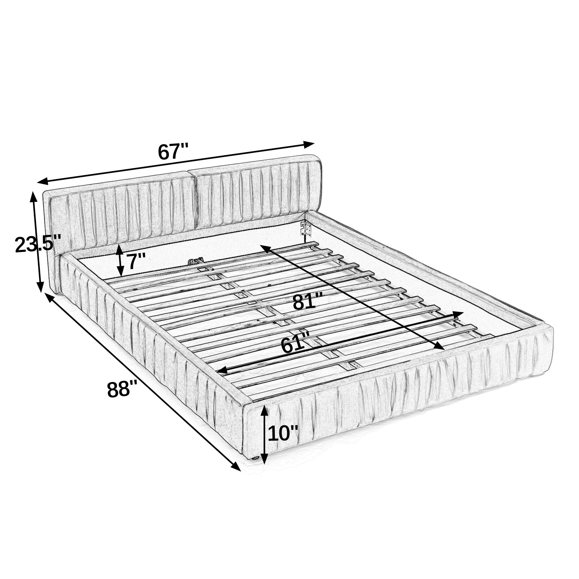The large grey padded bed frame is designed with Chenille fabric