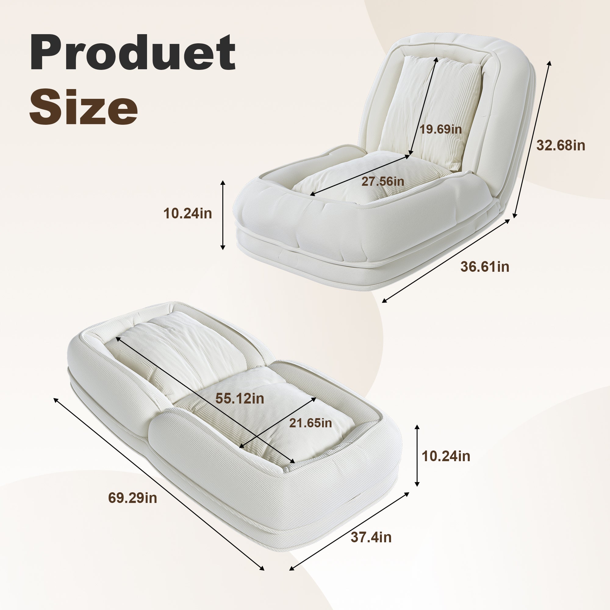 Foldable white sofa bed with soft cushions for people and pets