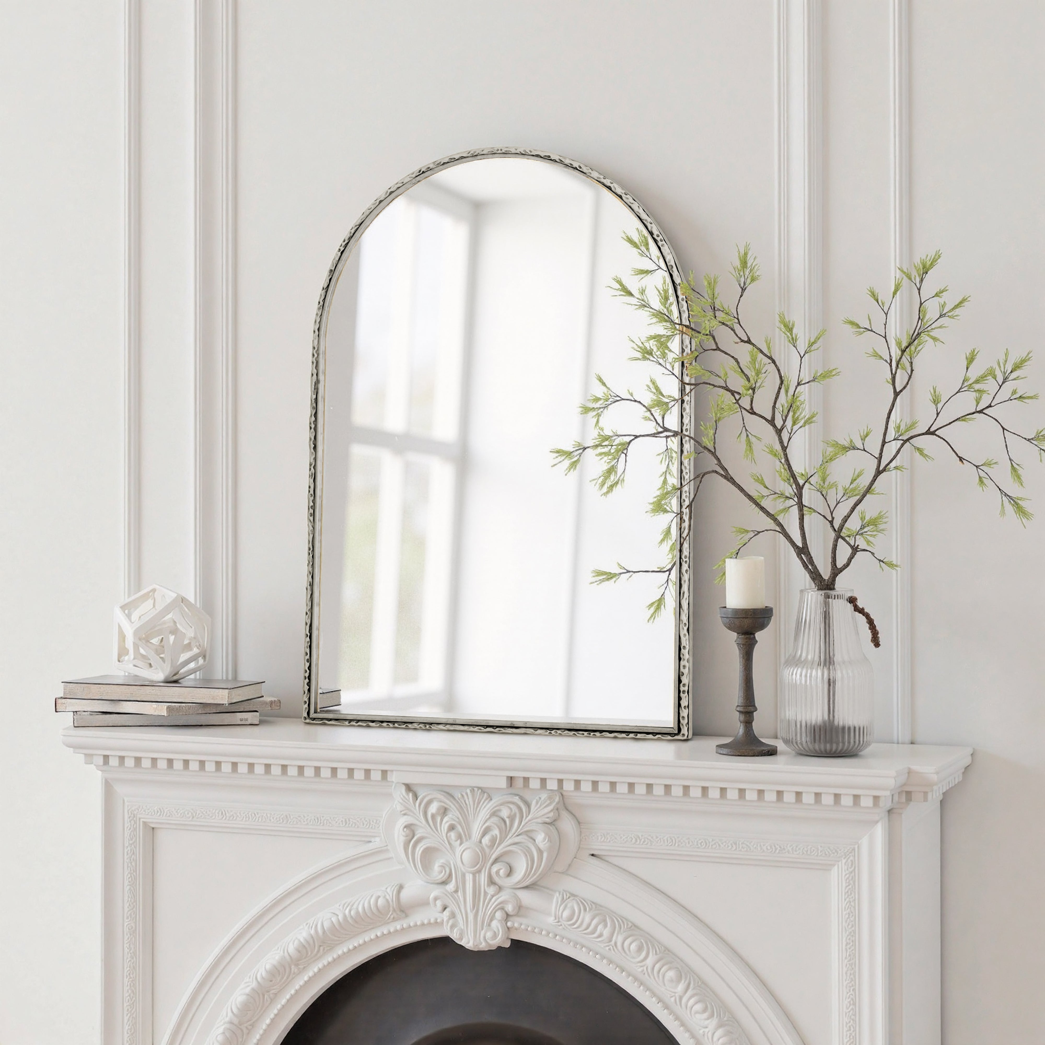 Silver arched mirror with tempered glass and a metal frame