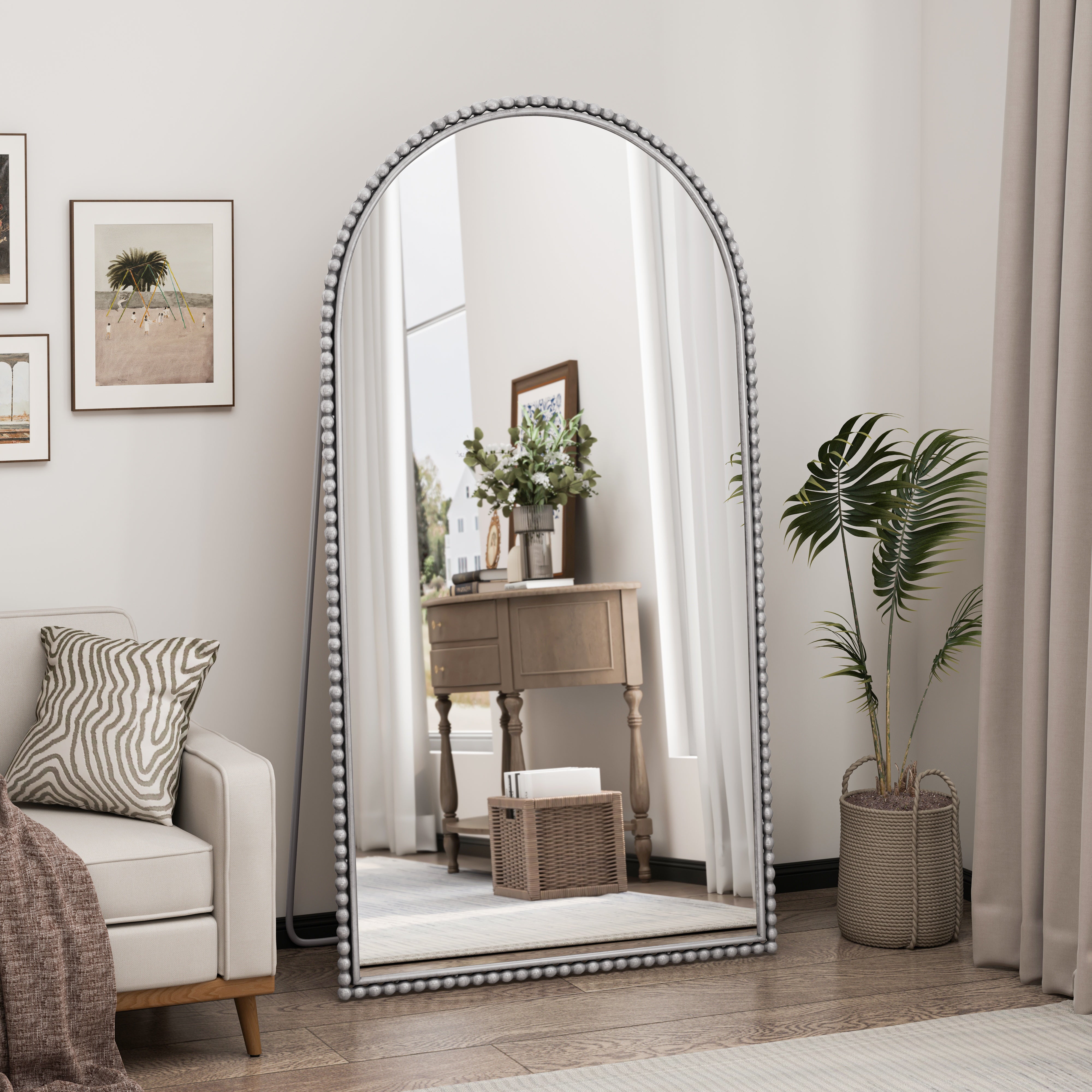 Retro full-length mirror with supporting foot iron arch
