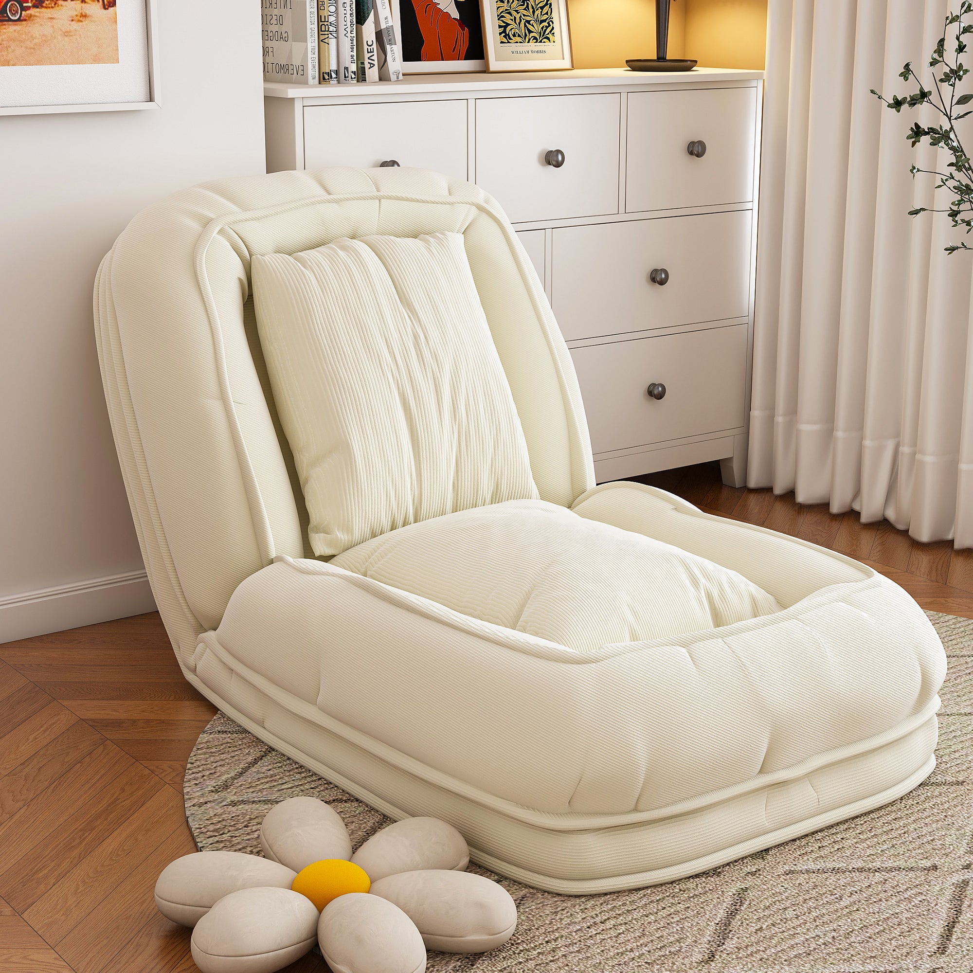 Foldable white sofa bed with soft cushions for people and pets