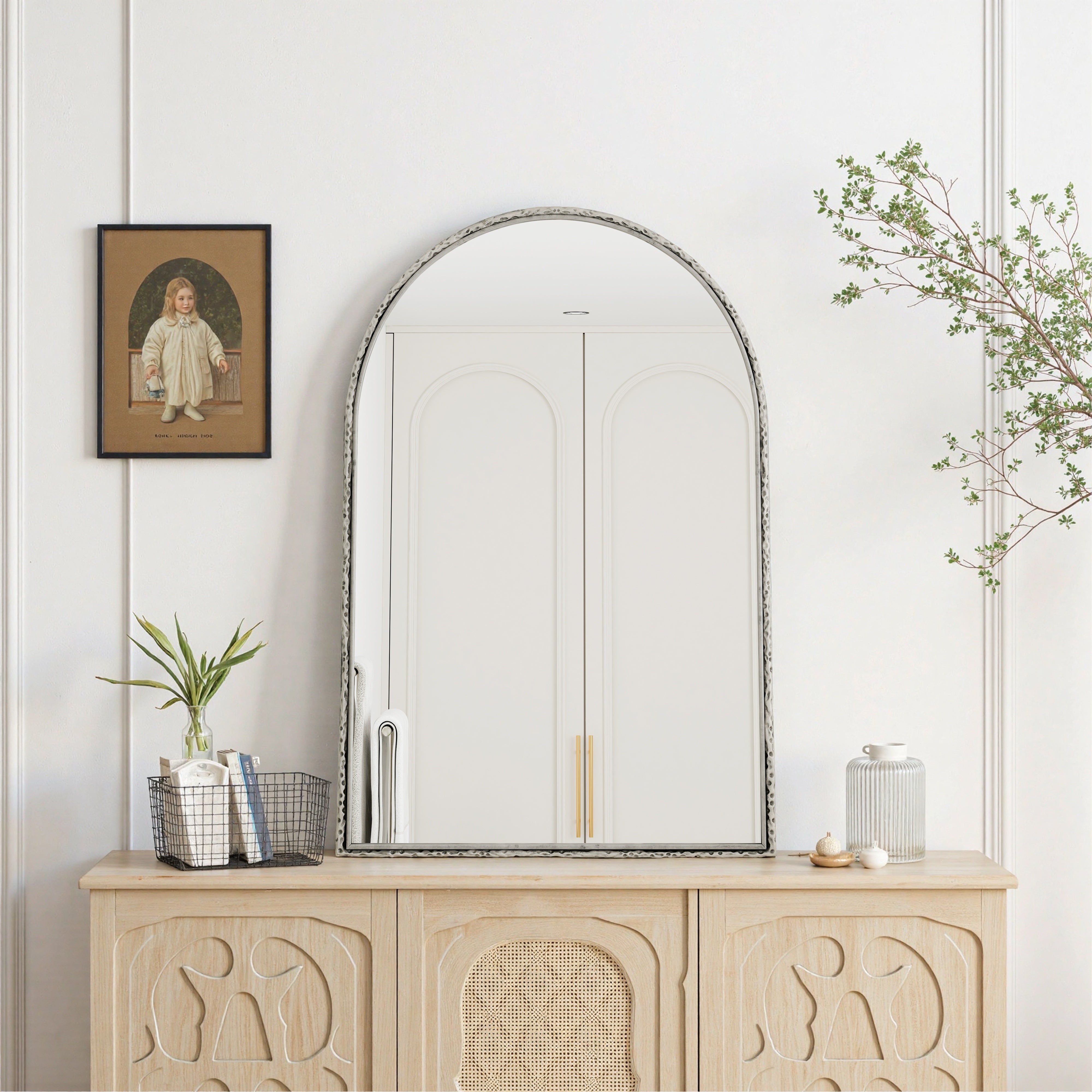 Silver arched mirror with tempered glass and a metal frame