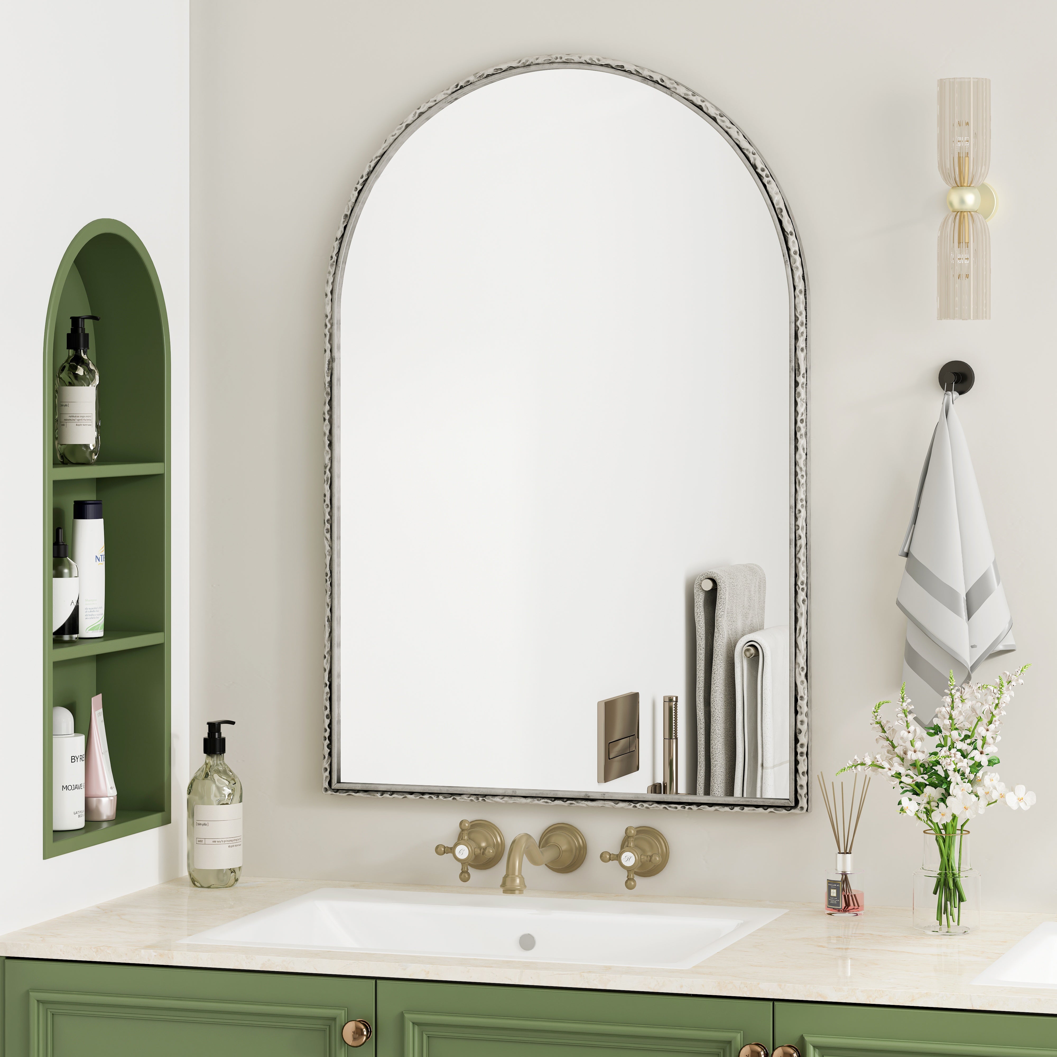 Silver arched mirror with tempered glass and a metal frame