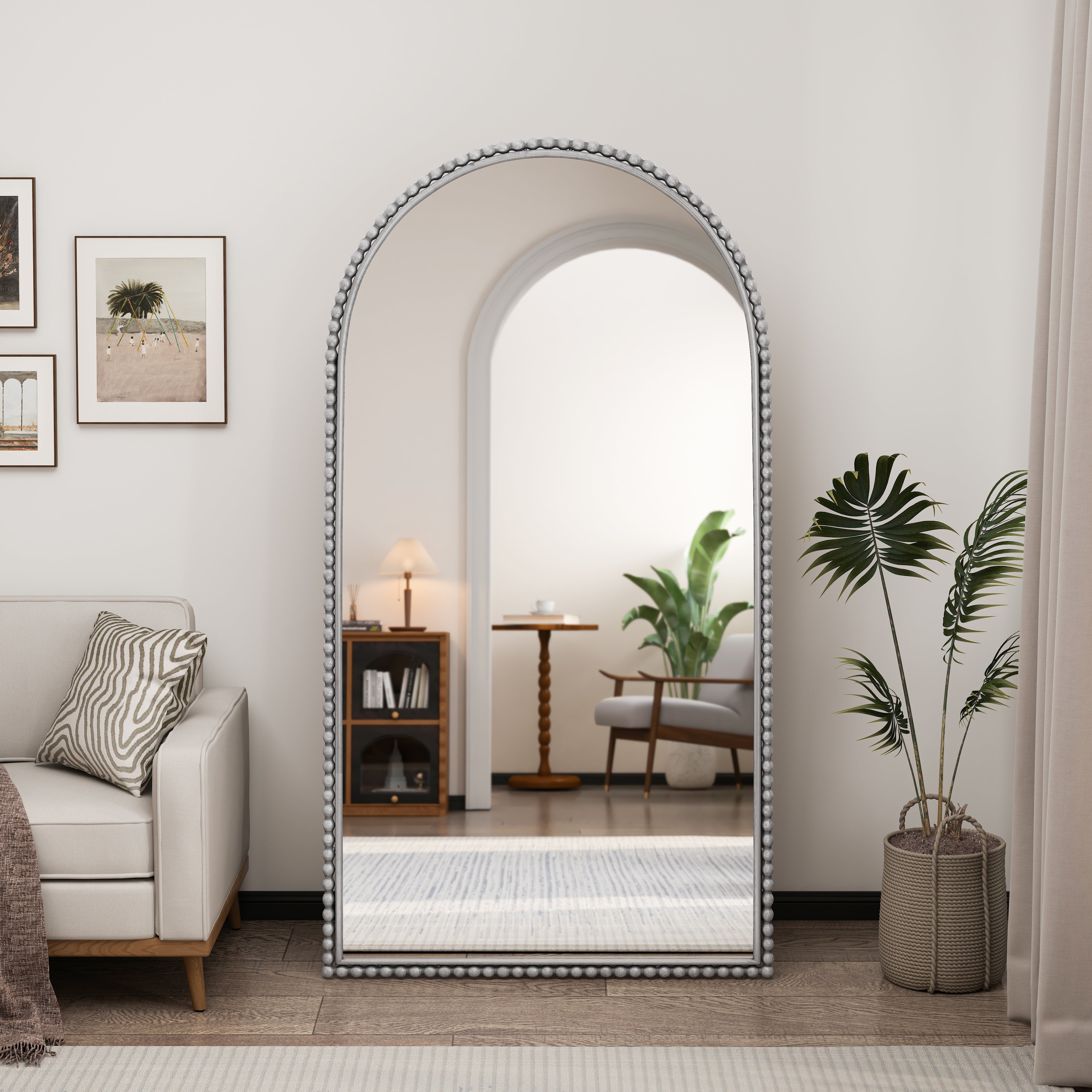 Retro full-length mirror with supporting foot iron arch