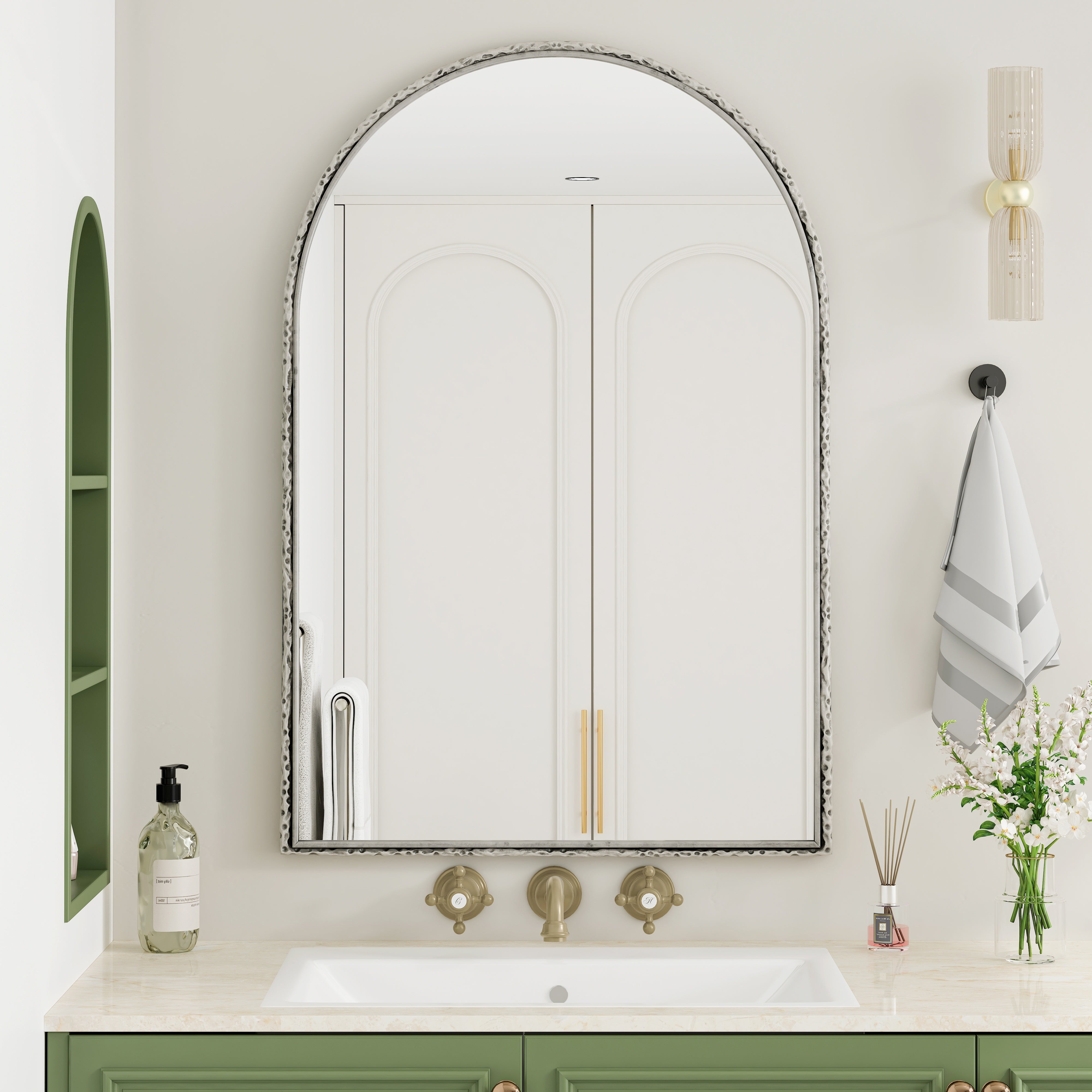 Silver arched mirror with tempered glass and a metal frame