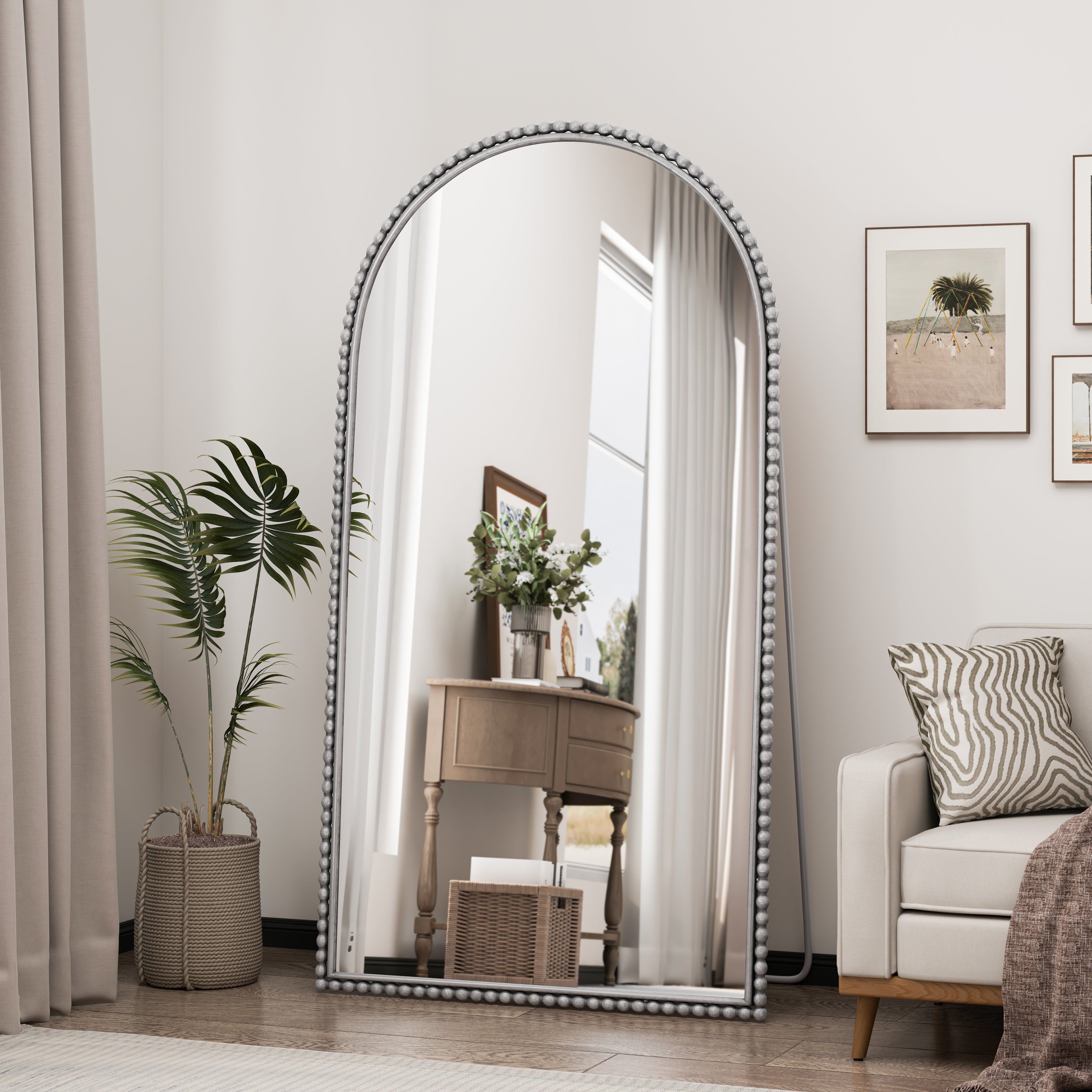 Retro full-length mirror with supporting foot iron arch