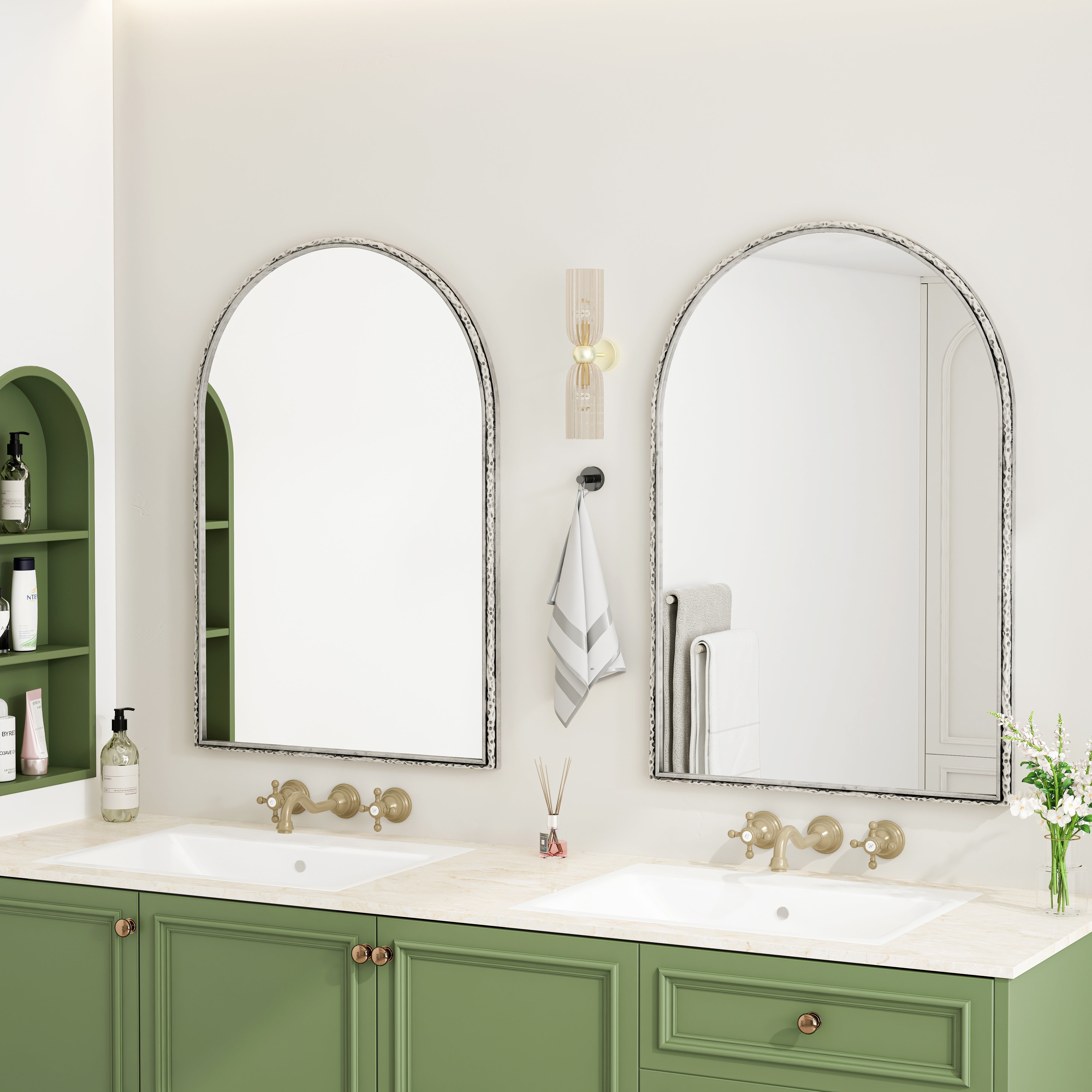 Silver arched mirror with tempered glass and a metal frame